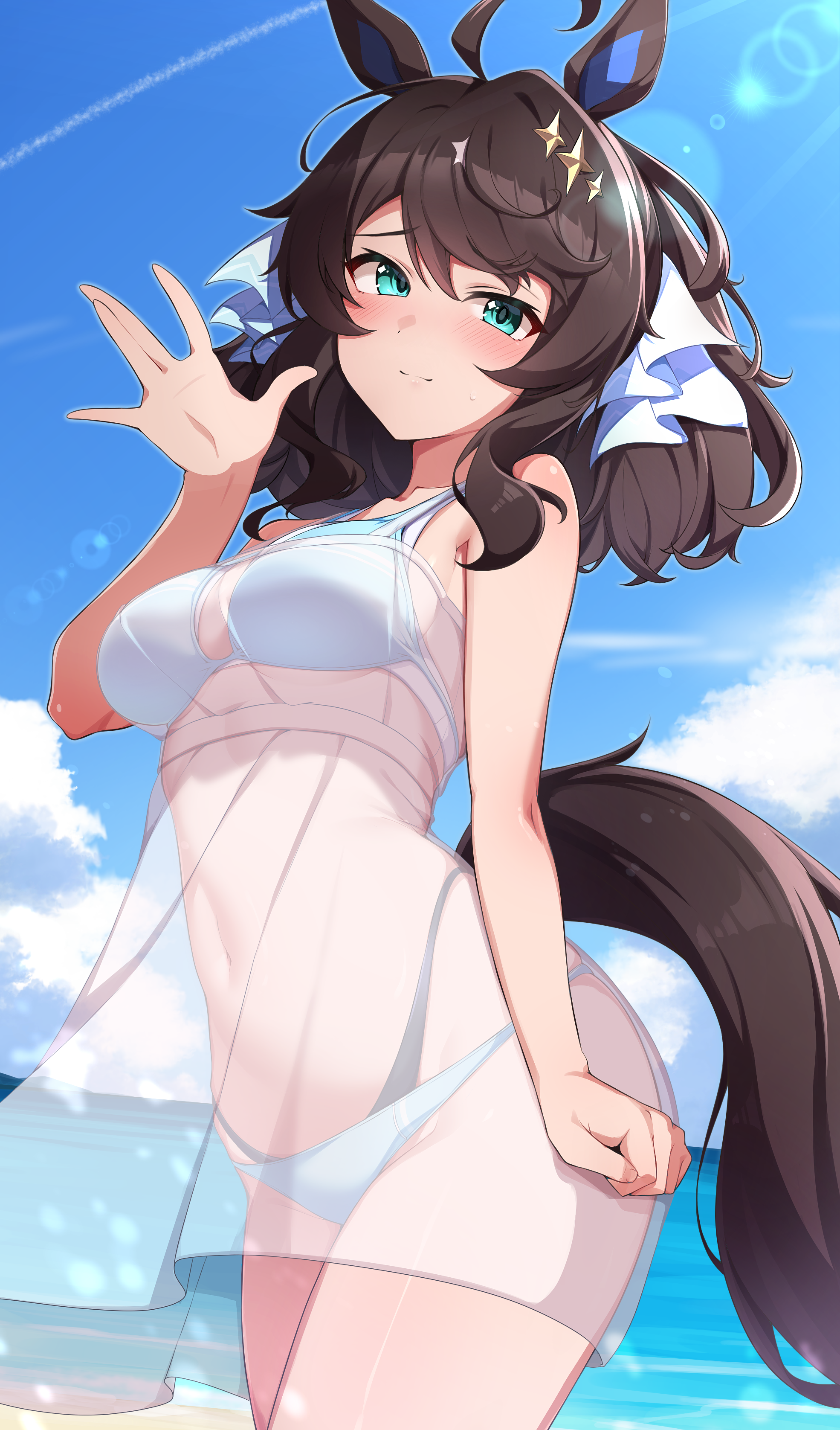 mujin (mujinzairaisen), daring tact (umamusume), umamusume, absurdres, commentary request, commission, highres, pixiv commission, 1girl, alternate costume, animal ears, aqua eyes, beach, bikini, black hair, black tail, blue bikini, blue sky, blush, breasts, closed mouth, cowboy shot, dress, hair ornament, hand up, highleg, highleg bikini, horse ears, horse girl, horse tail, layered bikini, long hair, looking at viewer, medium breasts, ocean, outdoors, see-through clothes, see-through dress, skindentation, sky, smile, solo, sunlight, sweat, swimsuit, tail, thighs, waving