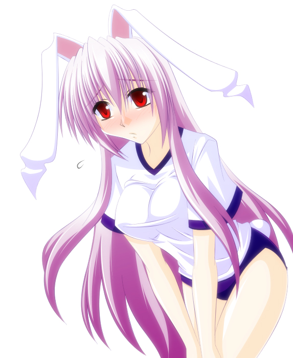 engo (aquawatery), engo (pixiv), reisen udongein inaba, touhou, 1girl, alternate costume, animal ears, blush, buruma, female focus, gym uniform, long hair, purple buruma, purple hair, rabbit ears, red eyes, solo