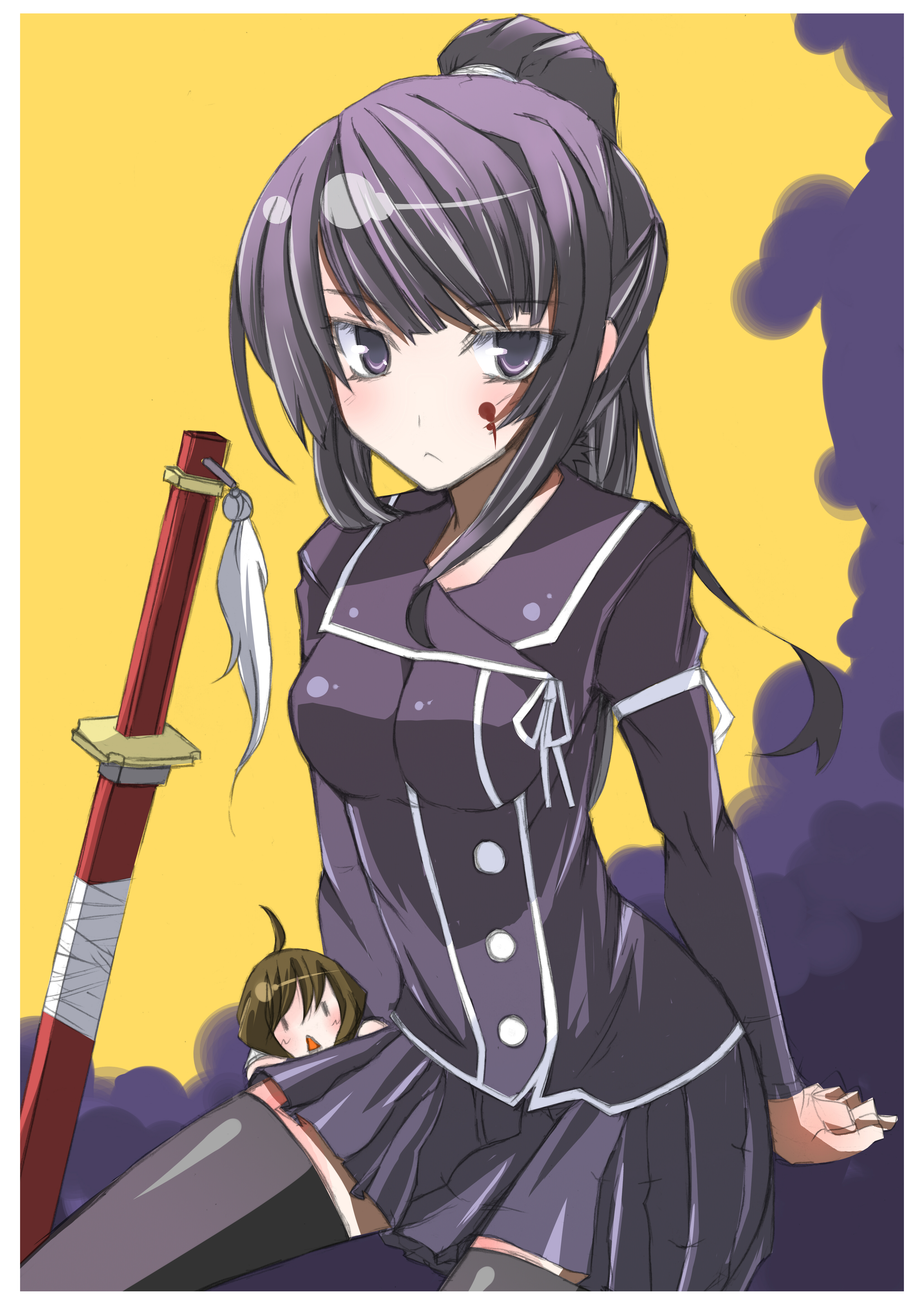 fai, isayama yomi, tsuchimiya kagura, ga-rei, ga-rei zero, absurdres, highres, 00s, :<, ahoge, black hair, blood, blush, brown hair, chibi, katana, long hair, miniskirt, ponytail, purple eyes, purple hair, school uniform, serafuku, sheath, sheathed, short hair, skirt, sword, thighhighs, very long hair, weapon, zettai ryouiki, | |