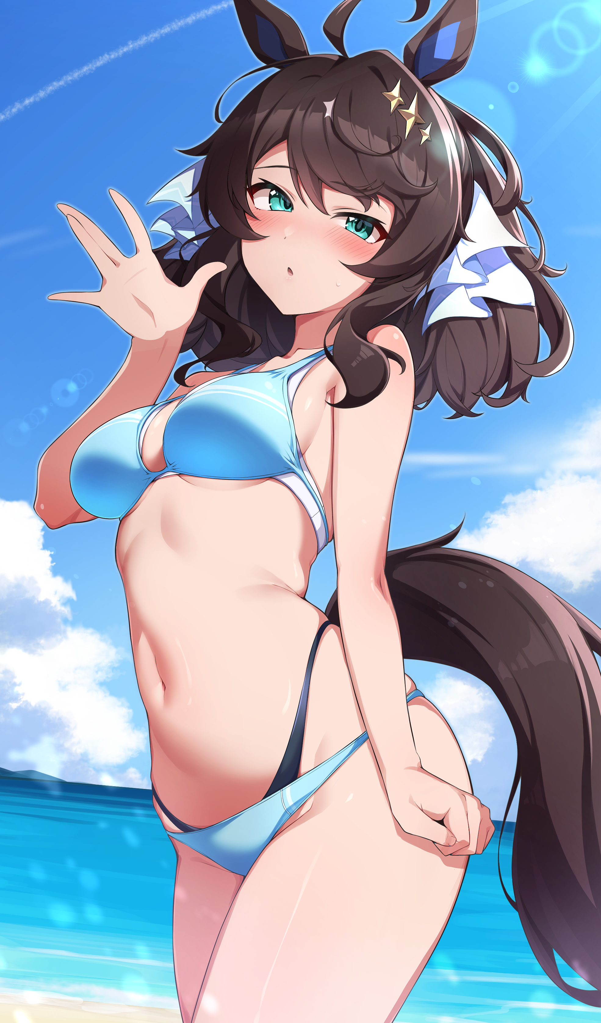 mujin (mujinzairaisen), daring tact (umamusume), umamusume, absurdres, commentary request, commission, highres, pixiv commission, 1girl, alternate costume, animal ears, aqua eyes, beach, bikini, black hair, black tail, blue bikini, blue sky, blush, breasts, cowboy shot, hair ornament, hand up, highleg, highleg bikini, horse ears, horse girl, horse tail, layered bikini, long hair, looking at viewer, medium breasts, navel, ocean, open mouth, outdoors, skindentation, sky, solo, stomach, sunlight, sweat, swimsuit, tail, thighs, waving