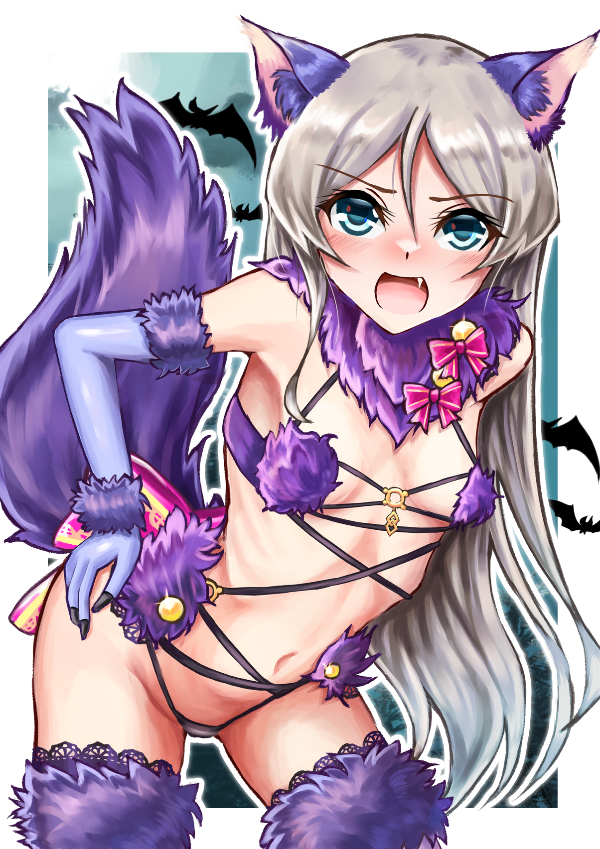 owada (kousonhuchi), javelin (kancolle), mash kyrielight, mash kyrielight (dangerous beast), fate/grand order, fate (series), kantai collection, highres, 1girl, animal ears, blue eyes, cosplay, elbow gloves, fang, fur-trimmed legwear, fur-trimmed thighhighs, fur bikini, fur trim, gloves, grey hair, long hair, mash kyrielight (cosplay), mash kyrielight (dangerous beast) (cosplay), navel, purple gloves, purple tail, purple thighhighs, revealing clothes, ribs, solo, tail, thighhighs, wolf ears, wolf tail