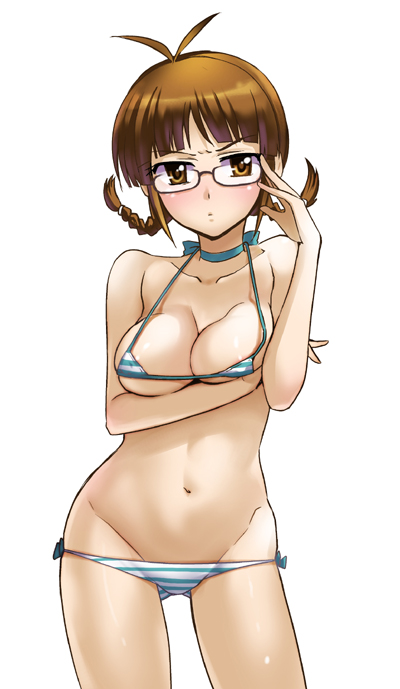 inue shinsuke, akizuki ritsuko, idolmaster, idolmaster (classic), idolmaster 1, breast hold, 00s, 1girl, adjusting eyewear, bikini, blush, braid, breast rest, breasts, female focus, glasses, lowleg, lowleg bikini, micro bikini, ponytail, shiny skin, solo, strap gap, striped bikini, striped clothes, swimsuit, twin braids