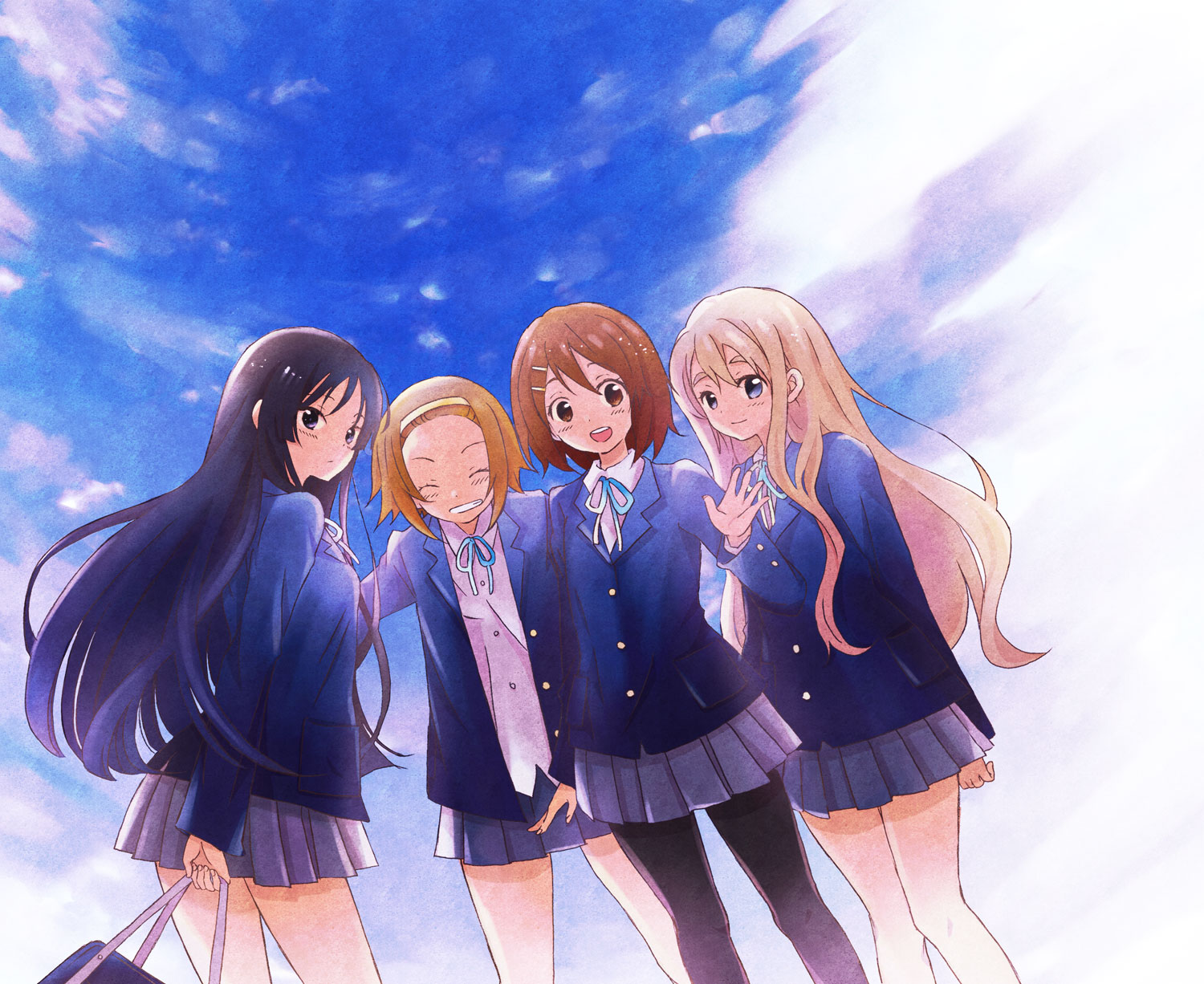 manami (artist), sugano manami, akiyama mio, hirasawa yui, kotobuki tsumugi, tainaka ritsu, don't say "lazy", k-on!, highres, 00s, 4girls, black hair, blonde hair, brown hair, cloud, day, ho-kago tea time, long hair, multiple girls, pantyhose, school uniform, short hair, sky