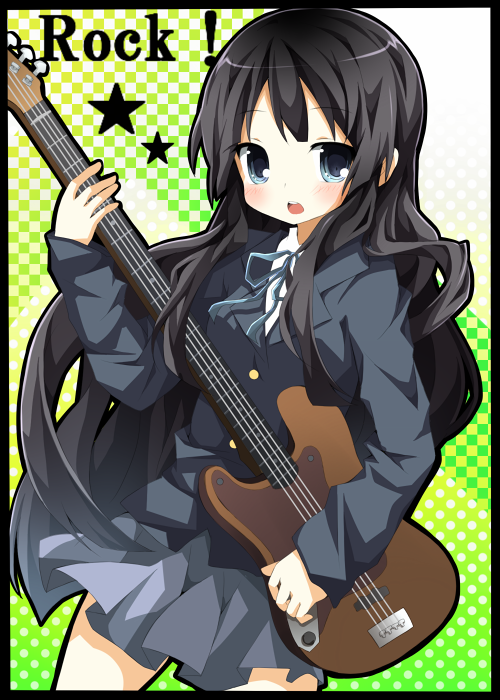 chiruku, akiyama mio, k-on!, bad id, bad pixiv id, 00s, 1girl, bass guitar, black hair, blue eyes, blunt bangs, female focus, guitar, hime cut, instrument, long hair, school uniform, solo