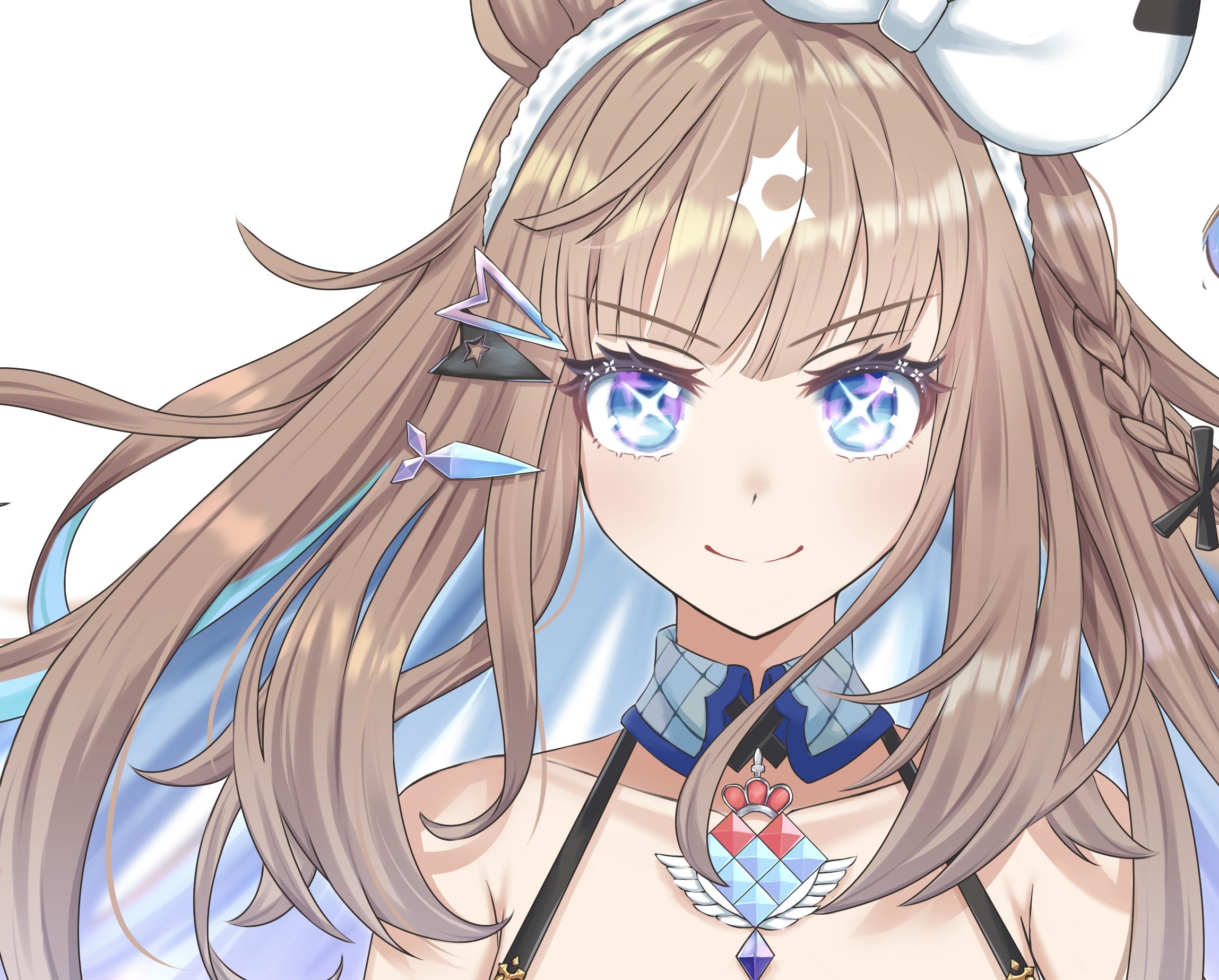 uji (966qrr), almond eye (umamusume), umamusume, highres, animal ears, blue eyes, bow, cross-shaped pupils, hairband, horse ears, horse girl, long hair, looking at viewer, solo, symbol-shaped pupils, white bow, white hairband