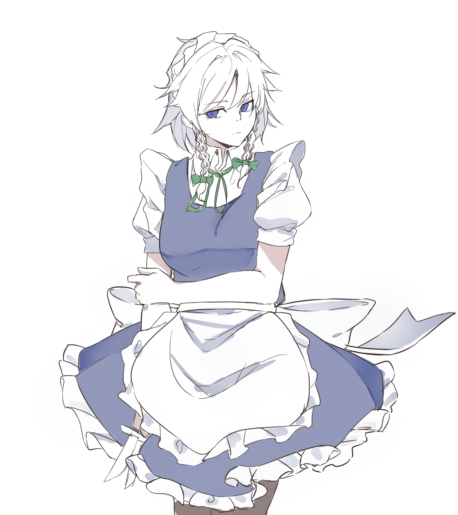 kanaria (bcomn), izayoi sakuya, touhou, commentary request, highres, 1girl, apron, blue dress, blue eyes, braid, breasts, closed mouth, dress, expressionless, frills, hand on own arm, holding, holding knife, knife, looking at viewer, maid, maid apron, maid headdress, medium breasts, pantyhose, shirt, short sleeves, solo, twin braids, white hair, white shirt