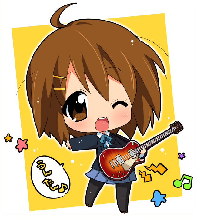 hahifuhe, hirasawa yui, k-on!, 00s, 1girl, ahoge, brown eyes, brown hair, chibi, female focus, guitar, instrument, musical note, one eye closed, open mouth, pantyhose, round teeth, school uniform, short hair, solo, teeth, wink