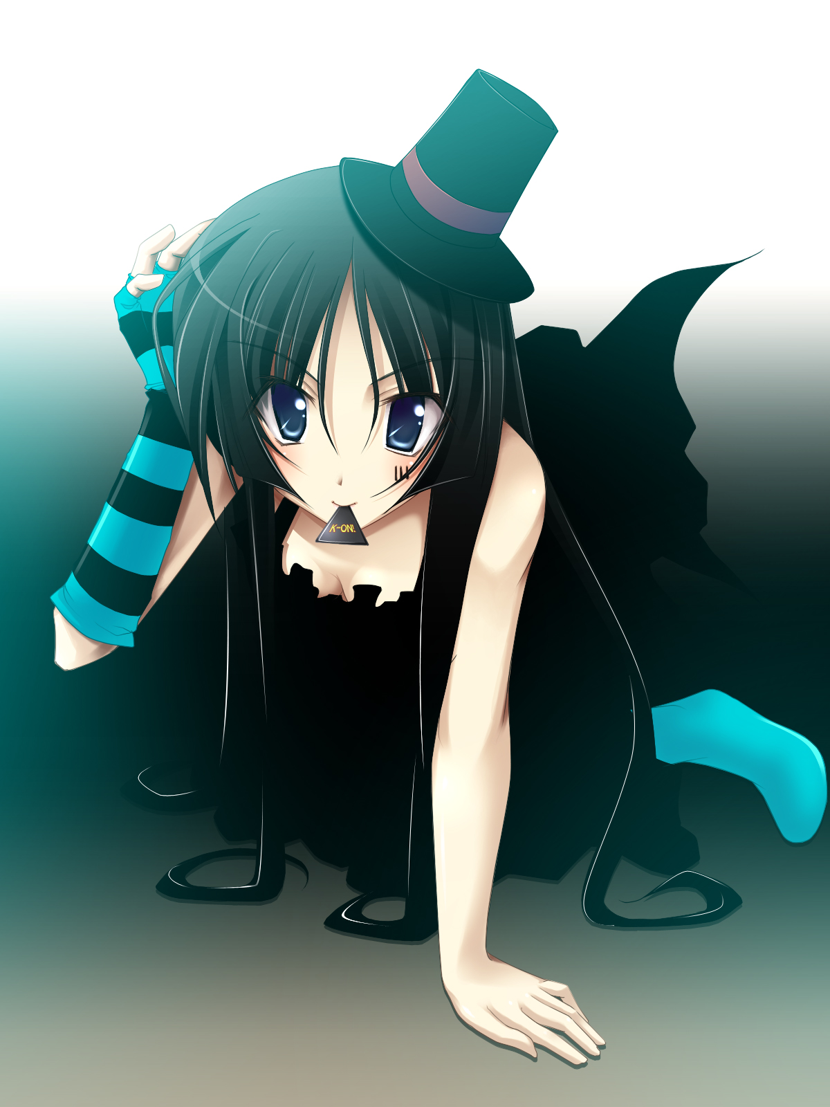 cf-x, akiyama mio, don't say "lazy", k-on!, highres, 00s, 1girl, blue pantyhose, female focus, fingerless gloves, gloves, hat, mini hat, mini top hat, mouth hold, pantyhose, plectrum, single glove, solo, top hat