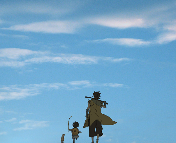 narita, kotarou (stranger), nanashi (stranger), tobimaru (stranger), stranger mukou hadan, 00s, 2boys, blouse, cloud, day, hat, japanese clothes, male focus, multiple boys, shirt, side-by-side, sky, spiked hair, torn clothes, torn shirt, unworn hat, unworn headwear
