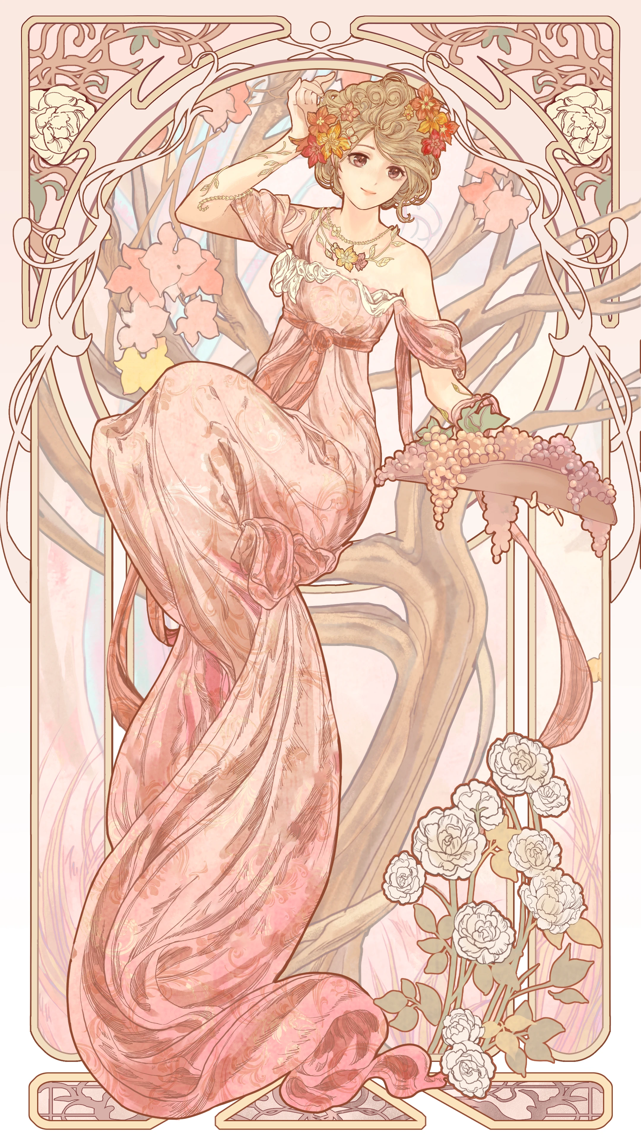 nikki (series), shining nikki, absurdres, highres, official art, 1girl, art nouveau, bare shoulders, border, brown eyes, brown hair, closed mouth, dress, flower, food, fruit, full body, grapes, hair flower, hair ornament, hand on own head, hand up, holding, holding food, holding fruit, in tree, jewelry, long dress, looking at viewer, necklace, off-shoulder dress, off shoulder, ornate border, outside border, pink background, pink dress, red flower, short hair, sitting, sitting in tree, sitting on branch, smile, solo, tree, white flower
