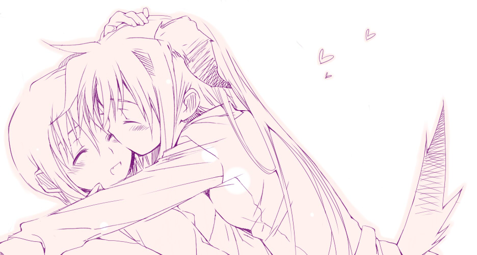 sakugo, fate testarossa, takamachi nanoha, lyrical nanoha, mahou shoujo lyrical nanoha, mahou shoujo lyrical nanoha strikers, 00s, 2girls, monochrome, multiple girls, pink theme, purple theme, yuri