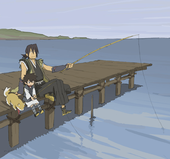narita, kotarou (stranger), nanashi (stranger), tobimaru (stranger), stranger mukou hadan, 00s, 2boys, black hair, dog, fishing, japanese clothes, male focus, multiple boys, water