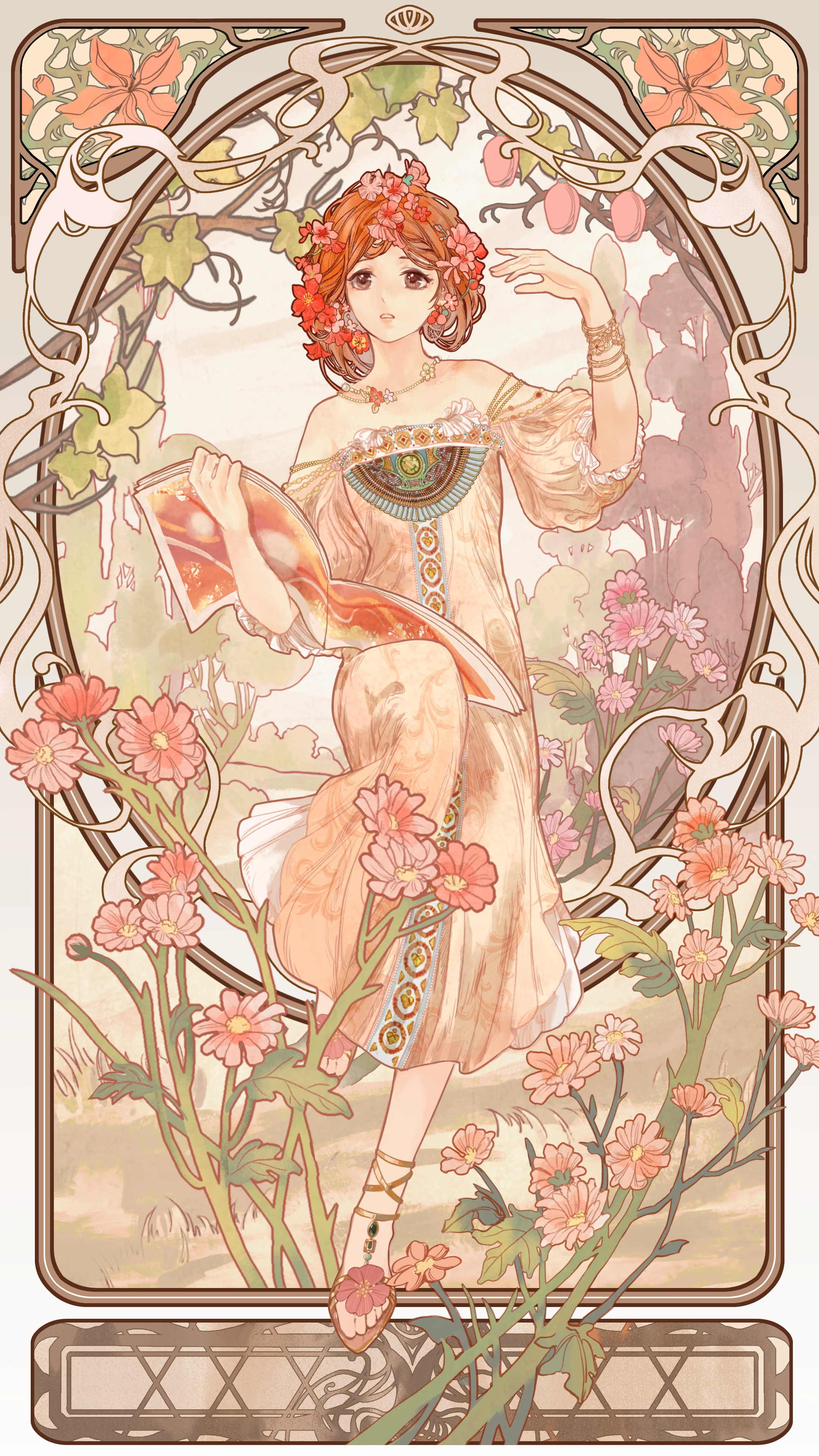 nikki (series), shining nikki, absurdres, highres, official art, 1girl, art nouveau, bare shoulders, book, border, brown eyes, brown hair, brown sandals, dress, flower, full body, hair flower, hair ornament, holding, holding book, jewelry, knee up, long dress, looking up, necklace, off-shoulder dress, off shoulder, open book, ornate border, outside border, parted lips, pink dress, red flower, sandals, short hair, solo, tree