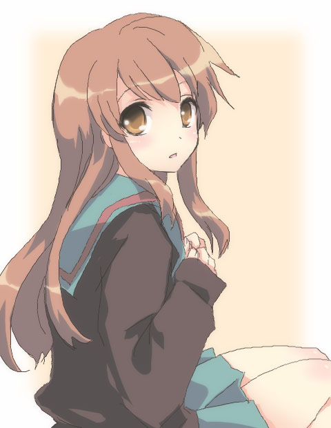 ateru, asahina mikuru, suzumiya haruhi no yuuutsu, 00s, 1girl, cardigan, female focus, looking at viewer, pleated skirt, school uniform, serafuku, sitting, skirt, solo