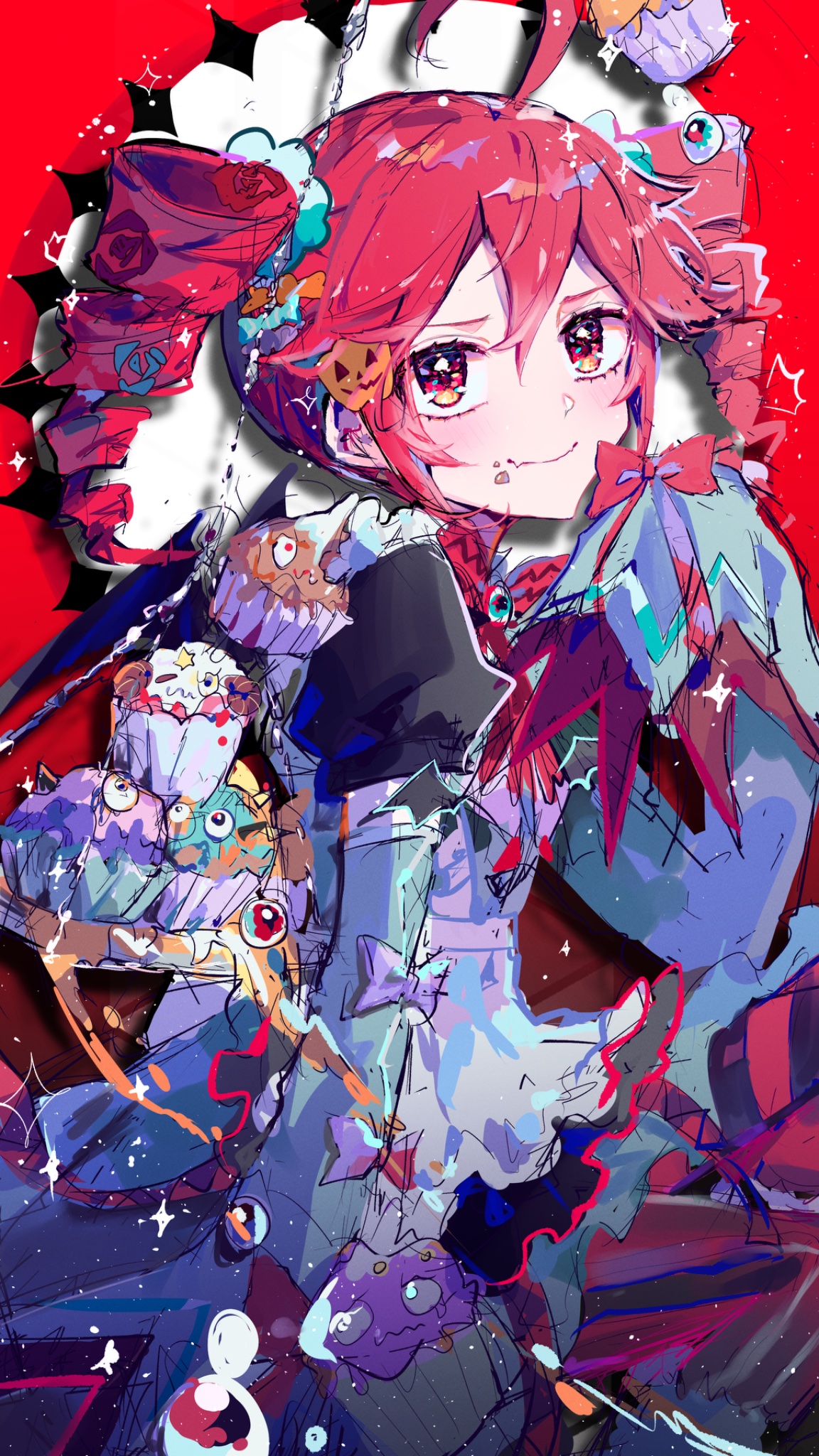 oda kogane, kasane teto, utau, highres, 1girl, blush, food, hair ornament, muffin, pumpkin, red eyes, red hair, ribbon, smile, solo