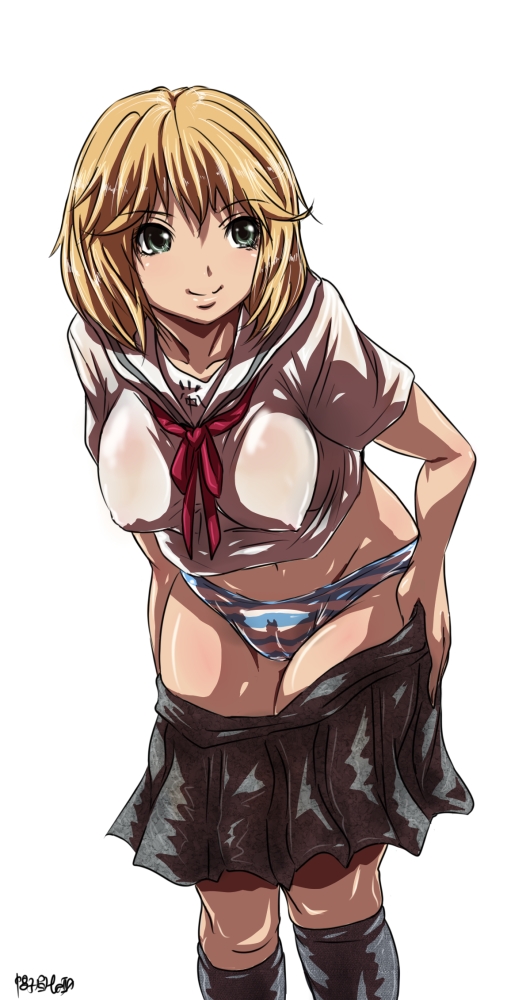 madhatter hello, arihara ayumi, hatsukoi limited, 1girl, black socks, blonde hair, blue panties, breasts, clothes pull, female focus, kneehighs, large breasts, leaning forward, multicolored panties, panties, pleated skirt, ribbon, school uniform, serafuku, skirt, skirt pull, socks, solo, standing, striped clothes, striped panties, underwear, undressing