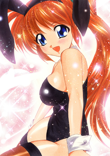 yadokari genpachirou, takamachi nanoha, lyrical nanoha, mahou shoujo lyrical nanoha, mahou shoujo lyrical nanoha strikers, marker (medium), traditional media, 00s, 1girl, animal ears, blue eyes, brown hair, fake animal ears, female focus, long hair, playboy bunny, ponytail, rabbit ears, solo, sparkle, thighhighs