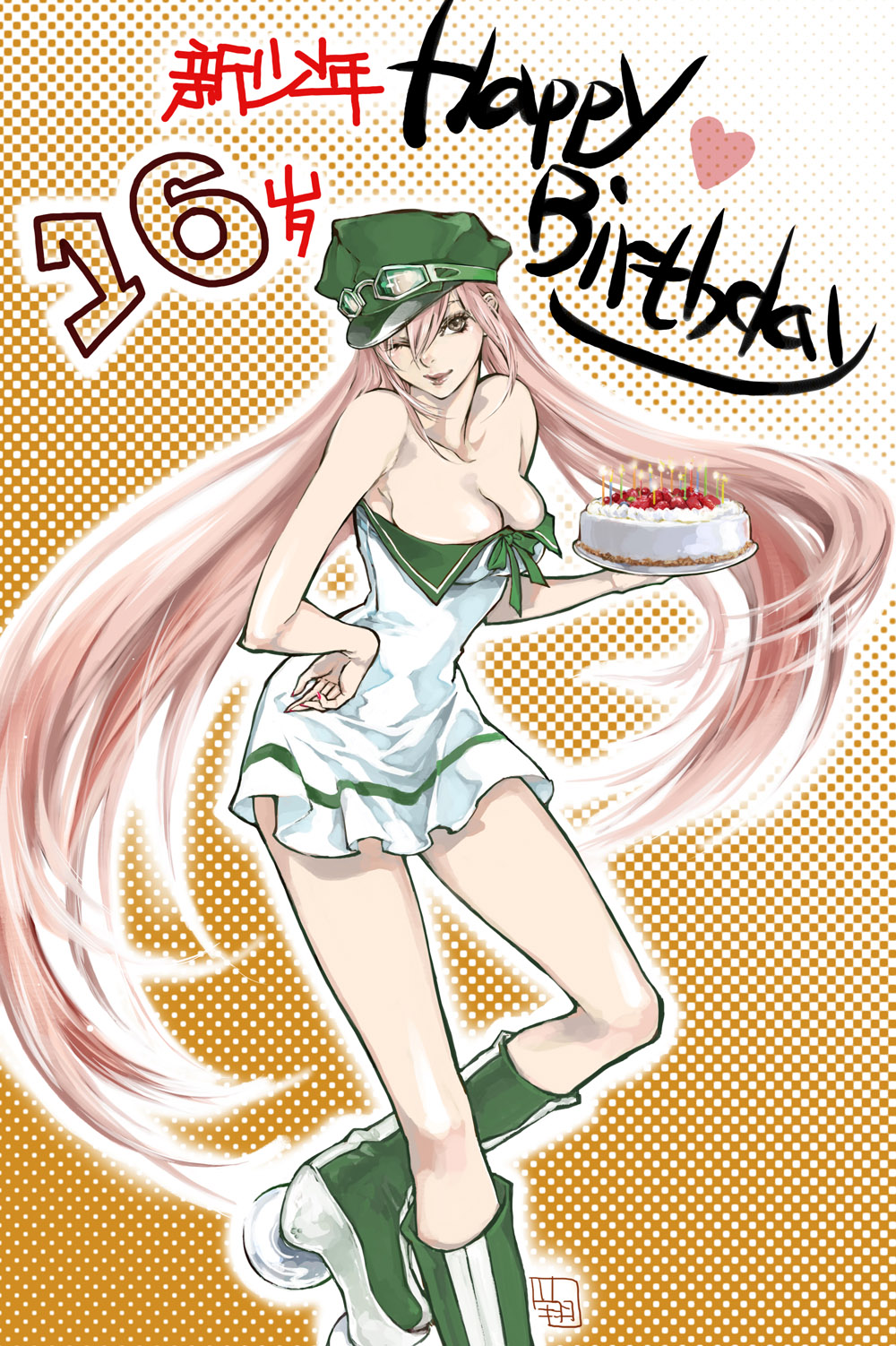 seyo, simca, air gear, highres, 00s, 1girl, bare shoulders, birthday, birthday cake, boots, breasts, brown eyes, cake, candle, cleavage, collarbone, dress, female focus, floating hair, food, fruit, goggles, goggles on headwear, green boots, hair between eyes, halftone, halftone background, hand on own hip, happy birthday, hat, hip focus, holding, inline skates, large breasts, legs, lips, lipstick, long hair, looking at viewer, makeup, nail polish, one eye closed, orange background, outline, pastry, peaked cap, pink hair, plate, red nails, roller skates, short dress, signature, skates, smile, solo, standing, strapless, strawberry, transparent, twintails, very long hair, wink