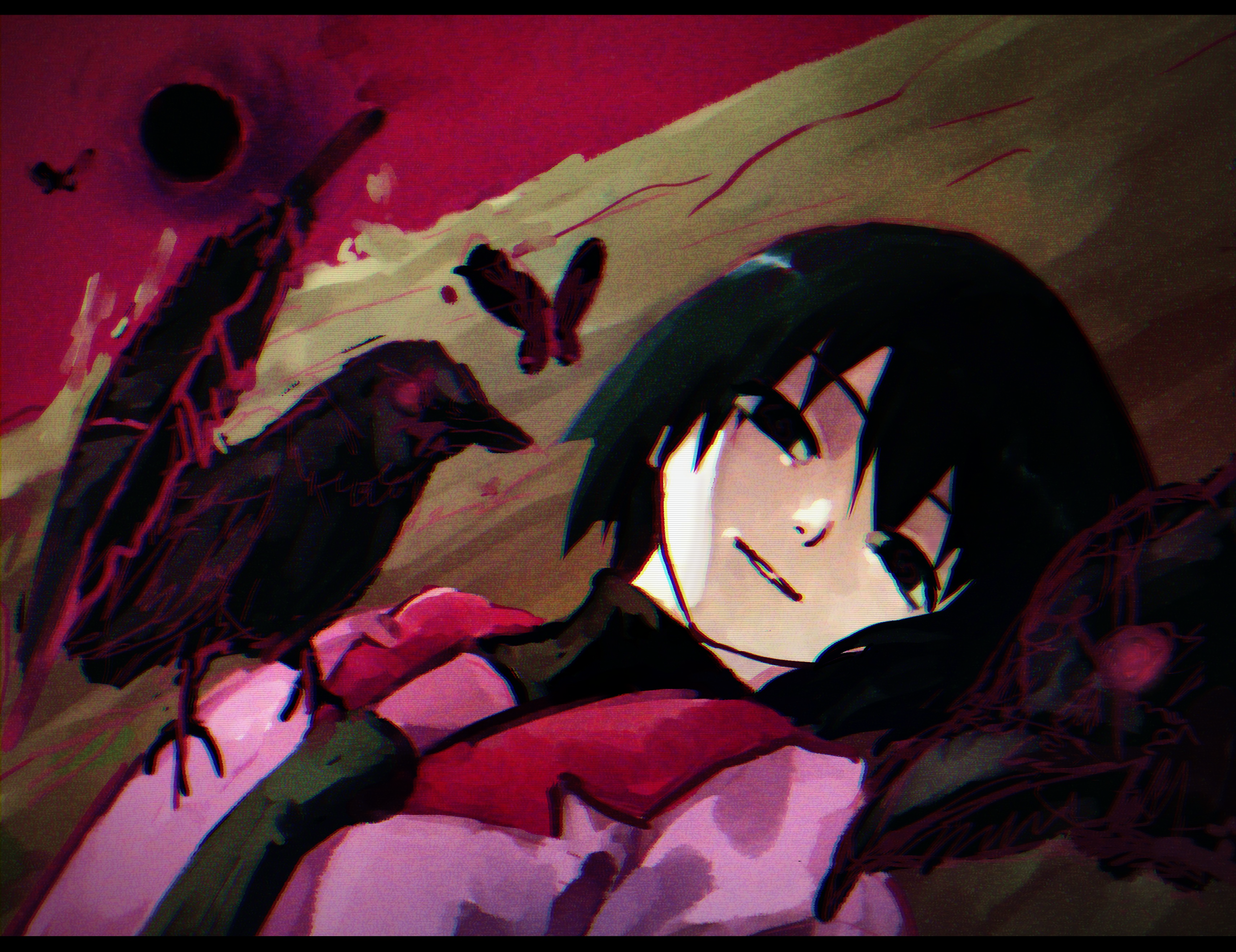 oshino ougi, monogatari (series), absurdres, commentary, highres, 1girl, animal, animal on shoulder, bird, bird on shoulder, black bird, black border, black butterfly, black eyes, black feathers, black hair, black hole, black necktie, black shirt, bob cut, border, bug, butterfly, close-up, collared shirt, crow, dress shirt, dutch angle, empty eyes, falling feathers, feathers, flying, hair between eyes, insect, letterboxed, light smile, looking to the side, lying, naoetsu high school uniform, narrowed eyes, necktie, on back, on ground, parted lips, pink shirt, portrait, red eyes, red sky, red trim, romaji commentary, sanketsu (user zxmp2323), school uniform, shirt, short hair, sky, smile, solo, the darkness (monogatari), turning head, turtleneck