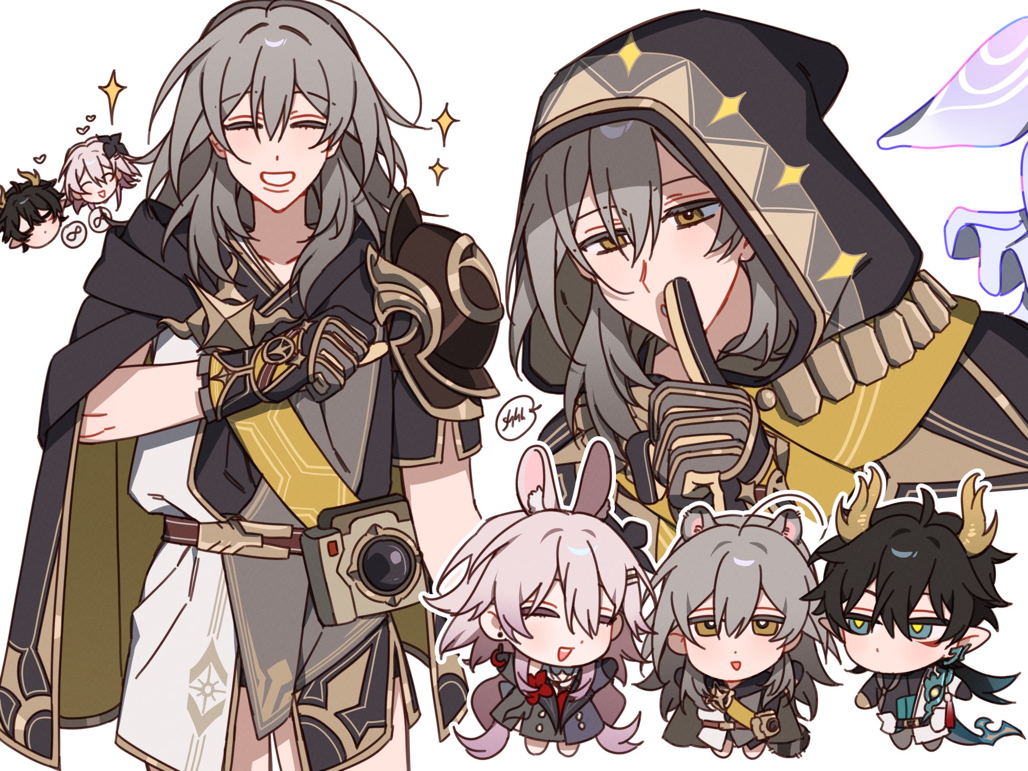 majunjuu, dan heng (honkai: star rail), dan heng (permansor terrae) (honkai: star rail), evernight (honkai: star rail), march 7th (honkai: star rail), stelle (honkai: star rail), trailblazer (honkai: star rail), honkai: star rail, honkai (series), commentary, english commentary, highres, 1boy, 2girls, ancient greek clothes, animal ear fluff, animal ears, armor, arms up, belt, black belt, black cape, black dress, black flower, black gloves, black hair, black shirt, brown belt, camera, cape, chibi, chibi inset, chinese clothes, clenched hand, closed eyes, coat, collarbone, cowboy shot, dragon boy, dragon horns, dragon tail, dress, earclip, earrings, eyeliner, flower, flower ornament, full body, gloves, greco-roman clothes, green eyes, grey gloves, grey hair, grey pants, hair between eyes, hair flower, hair ornament, hairclip, half-closed eyes, hand up, happy, himation, horns, index finger raised, infinity symbol, jellyfish, jewelry, kemonomimi mode, lapels, long hair, long sleeves, looking at another, looking at viewer, low ponytail, low twintails, makeup, multiple girls, multiple views, no mouth, official alternate costume, official alternate hairstyle, open mouth, pants, pink hair, pointy ears, ponytail, rabbit ears, raccoon ears, raccoon tail, red eyeliner, red flower, shirt, short sleeves, shoulder armor, sidelocks, simple background, single earring, smile, sparkle, speech bubble, standing, tail, tassel, teeth, twintails, two-tone dress, upper body, very long hair, white background, white coat, white dress, yellow eyes, yellow pupils