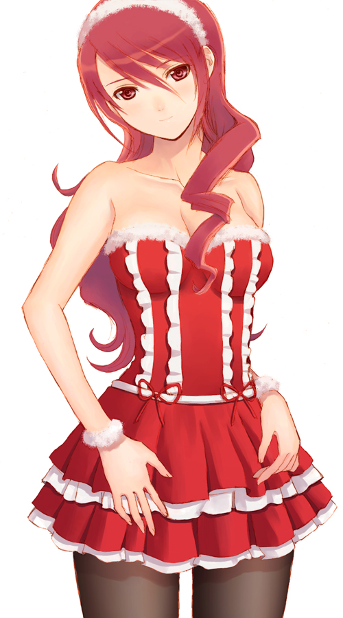 seiru (prairie), kirijou mitsuru, atlus, persona, persona 3, 1girl, bare shoulders, black pantyhose, blush, breasts, christmas, cleavage, female focus, headband, long hair, pantyhose, red eyes, red hair, smile, solo, wristband
