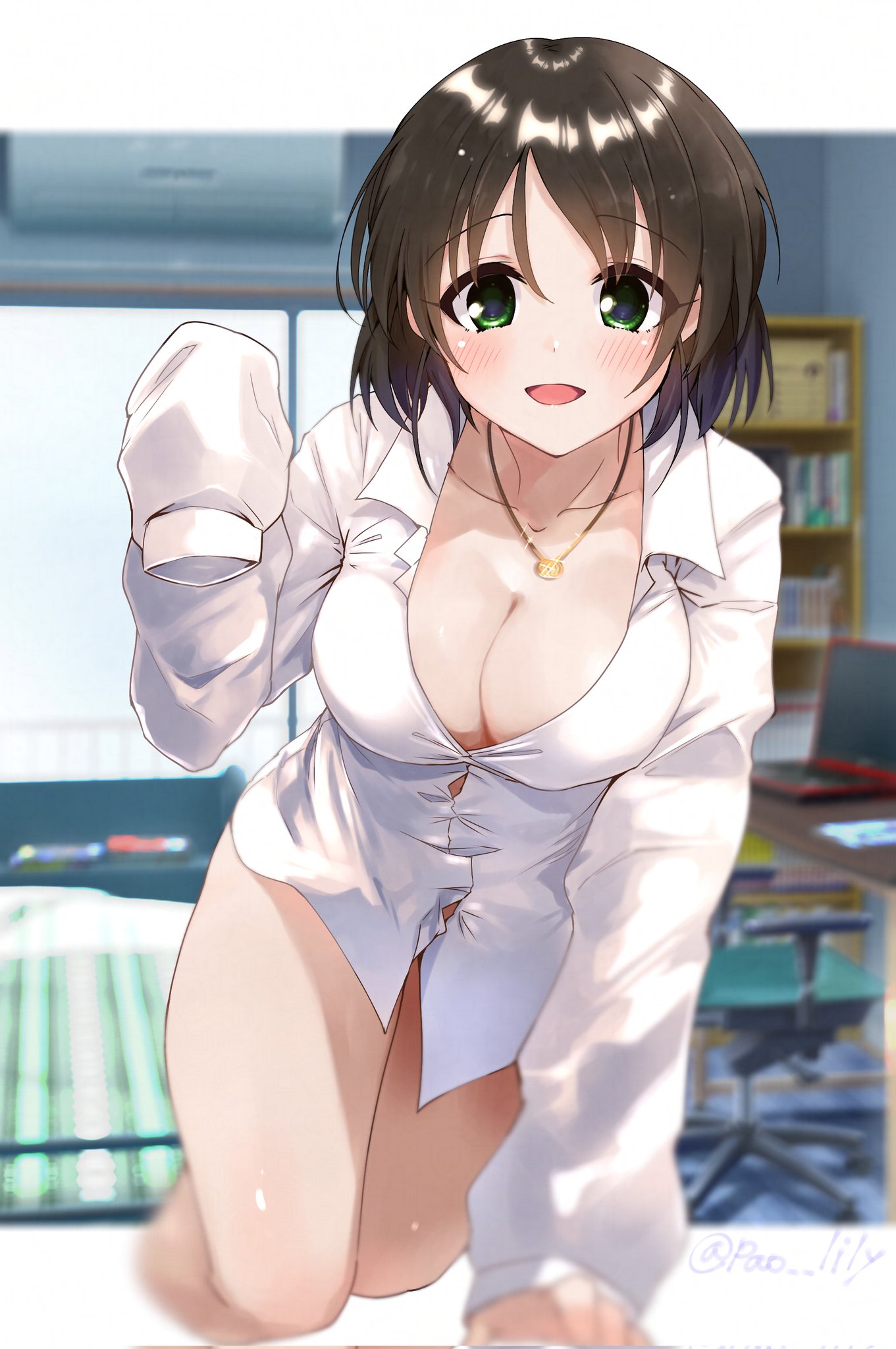 paopao, harada miyo, idolmaster, idolmaster cinderella girls, highres, air conditioner, bedroom, black hair, blurry, blurry background, blush, bookshelf, borrowed clothes, breasts, cleavage, computer, desk, dress shirt, green eyes, jewelry, kneeling, laptop, naked shirt, necklace, shirt, short hair, sleeves past fingers, sleeves past wrists, smile, thighs, white shirt, window