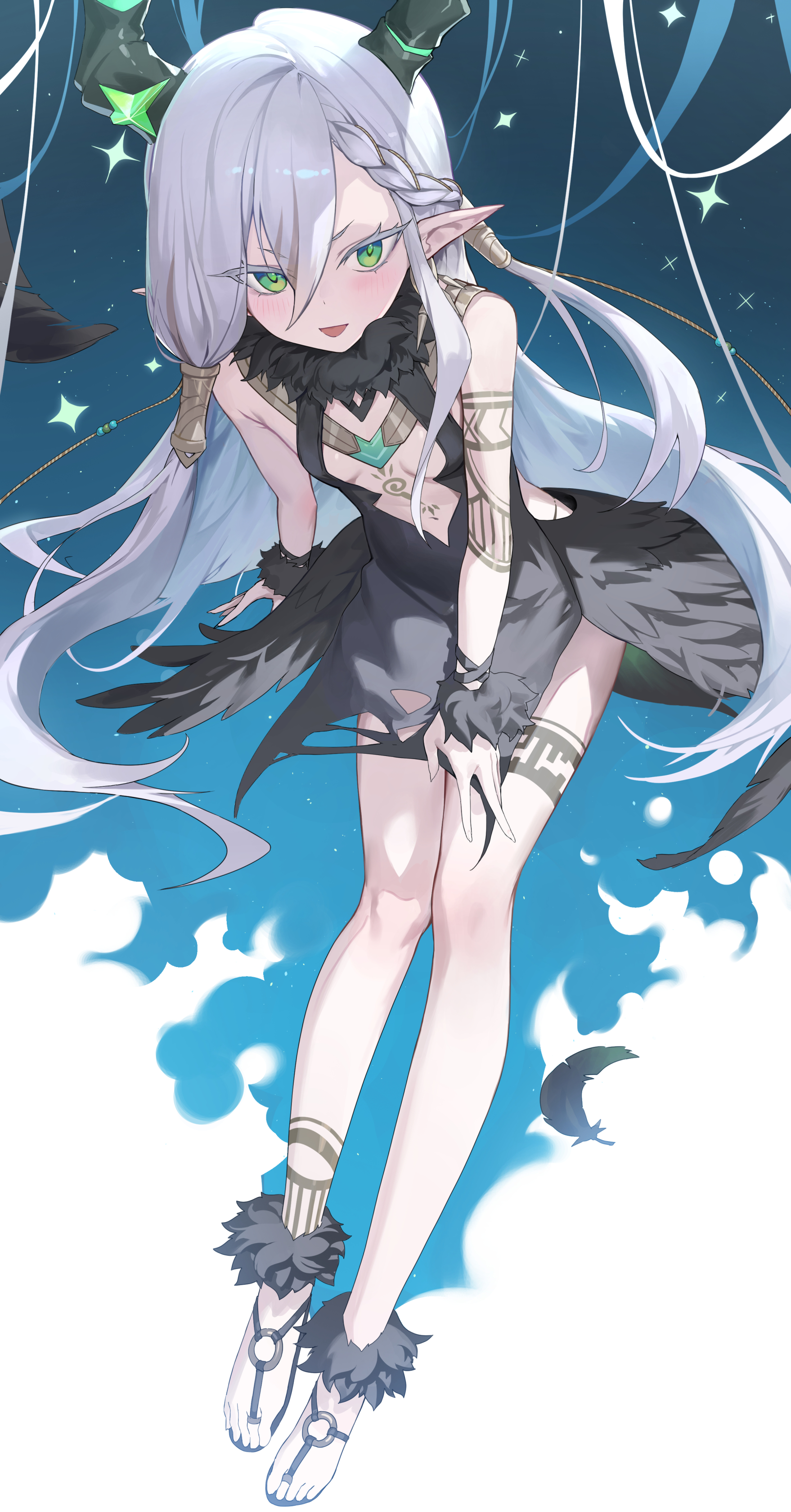 sb lama, stella sora, absurdres, commentary, highres, 1girl, aeloria (stella sora), armpit crease, bare shoulders, black feathers, bodypaint, breasts, breasts apart, cleavage cutout, clothing cutout, demon horns, dress, feather dress, feathers, feet, green eyes, hair between eyes, horns, long hair, looking at viewer, open mouth, pointy ears, sandals, sky, sleeveless, sleeveless dress, small breasts, smile, solo, star (sky), starry sky, thick eyelashes, toes, tsurime, v-shaped eyebrows, very long hair, white hair