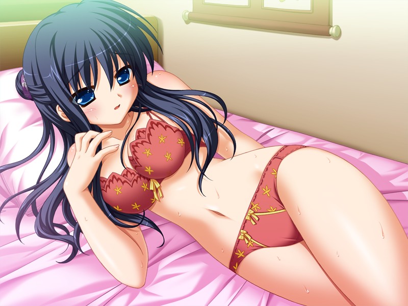 yuyi, kashiwagi tsukine, clover point, meteor (company), game cg, non-web source, 1girl, bed, black hair, blue eyes, bra, female focus, lingerie, long hair, lying, on side, panties, pillow, solo, sweat, underwear, underwear only