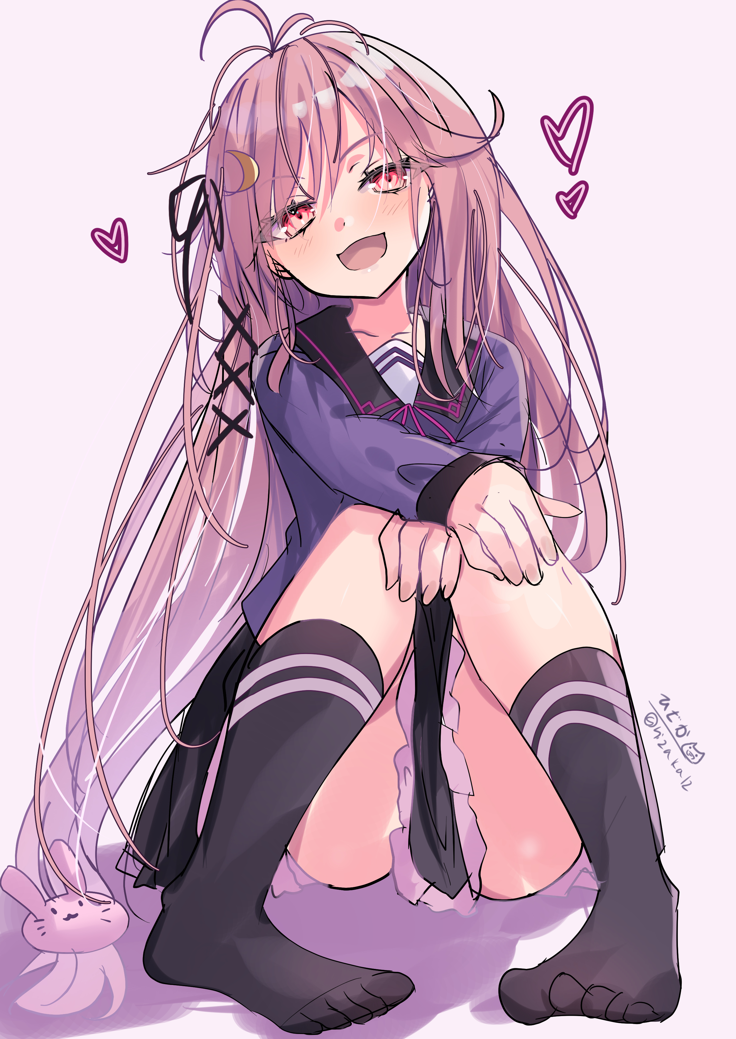 hizaka, uzuki (kancolle), kantai collection, absurdres, highres, 1girl, ahoge, black skirt, black socks, blue shirt, crescent, crescent hair ornament, full body, hair ornament, long hair, low-tied long hair, one-hour drawing challenge, pink hair, pleated skirt, rabbit hair ornament, red eyes, sailor collar, school uniform, serafuku, shirt, skirt, smile, socks, solo
