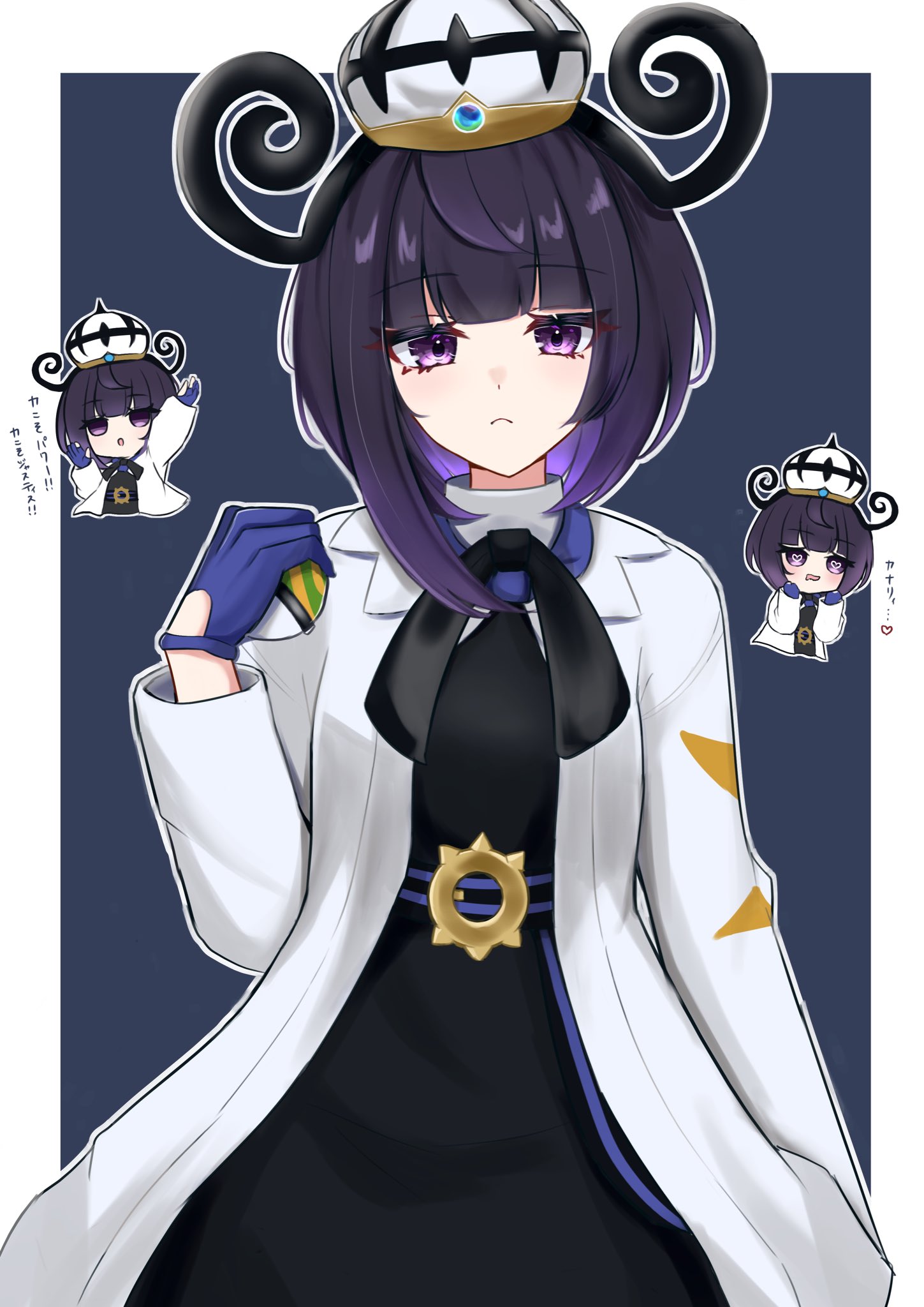 tiizumaru98, gwynn (pokemon), nintendo, pokemon, pokemon legends: z-a, highres, translation request, 1girl, :o, belt, belt buckle, black dress, blunt bangs, bob cut, buckle, chibi, chibi inset, closed mouth, coat, dress, drooling, frown, gloves, hat, heart, heart-shaped pupils, holding, holding poke ball, long sleeves, looking at viewer, mouth drool, multiple views, nest ball, o-ring, o-ring belt, open clothes, open coat, open mouth, partially fingerless gloves, poke ball, purple eyes, purple hair, short hair, symbol-shaped pupils, white coat