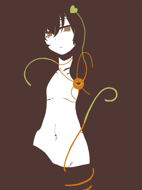 kirusu, komeiji satori, touhou, bad id, bad pixiv id, 1girl, blending, breasts, brown background, collarbone, eyeball, facing viewer, female focus, flat color, groin, heart, high contrast, hip focus, looking at viewer, navel, nude, simple background, solo, third eye