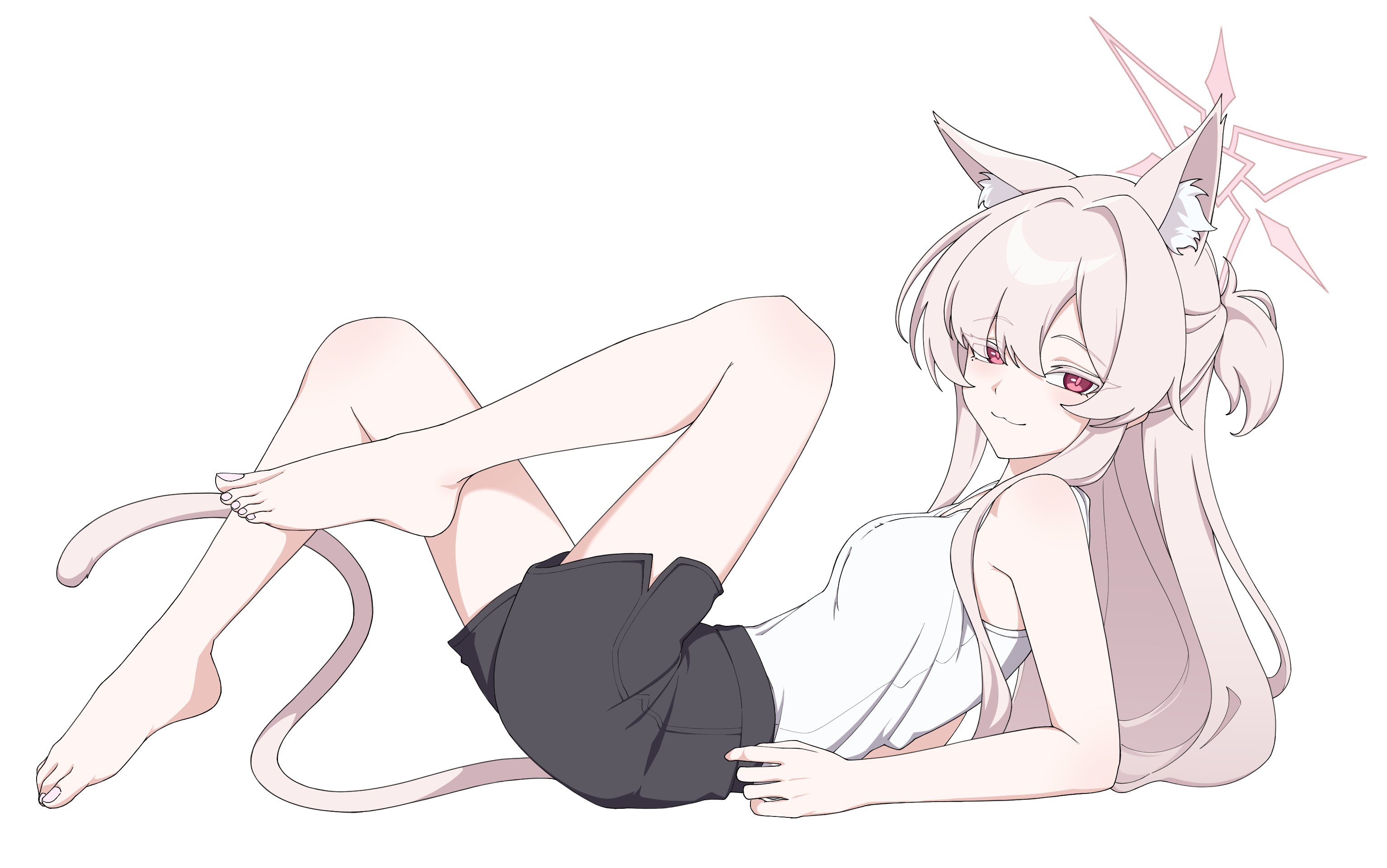 mandara3a, akira (blue archive), blue archive, highres, 1girl, blush, breasts, long hair, looking at viewer, lying, red eyes, shirt, simple background, small breasts, solo, white background, white hair, white shirt