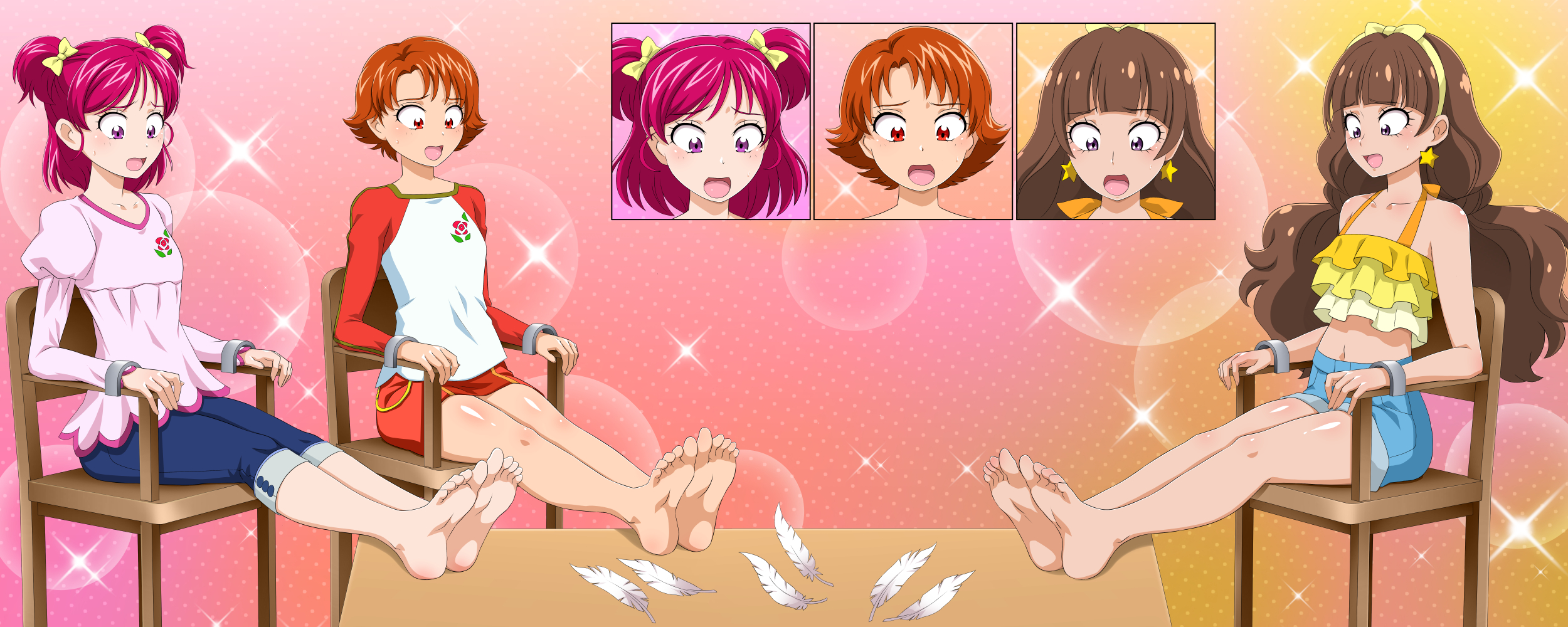 orcaleon, amanogawa kirara, natsuki rin, yumehara nozomi, go! princess precure, precure, yes! precure 5, yes! precure 5 gogo!, commentary, commission, english commentary, highres, mixed-language commentary, 3girls, arched bangs, bare arms, bare legs, bare shoulders, barefoot, blue pants, blue shorts, blush, bow, bow hairband, brown hair, bubble background, chair, coffee table, collarbone, colorful background, crop top, cropped shirt, d:, denim, denim shorts, dress, earrings, feathers, feet, feet on table, floral print, flower, frilled shirt, frills, full body, furrowed brow, gradient background, hair bow, hairband, halter shirt, halterneck, imminent tickling, in-franchise crossover, jeans, jewelry, juliet sleeves, long hair, long sleeves, looking down, low twintails, midriff, multiple girls, navel, on chair, open mouth, orange hair, outstretched legs, pants, pants rolled up, pink background, pink dress, pink eyes, pink hair, polka dot, polka dot background, print dress, print shirt, puffy long sleeves, puffy sleeves, purple eyes, red background, red eyes, red shirt, red skirt, rose, rose print, scared, shirt, short dress, short hair, short twintails, shorts, sitting, skirt, soles, sparkle, sparkle background, star (symbol), star earrings, swept bangs, table, toes, twintails, white feathers, yellow background, yellow bow, yellow hairband, yellow shirt