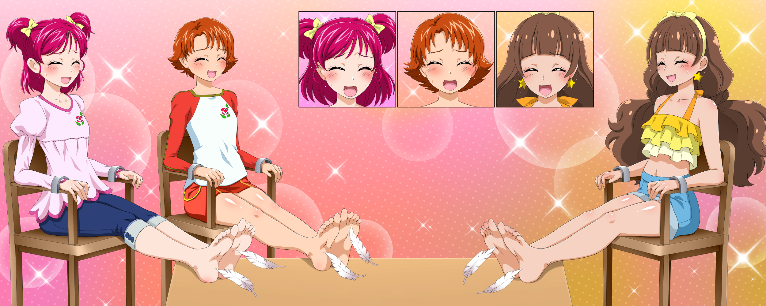 orcaleon, amanogawa kirara, natsuki rin, yumehara nozomi, go! princess precure, precure, yes! precure 5, yes! precure 5 gogo!, commentary, commission, english commentary, highres, mixed-language commentary, 3girls, :d, arched bangs, bare arms, bare legs, bare shoulders, barefoot, blue pants, blue shorts, blush, bow, bow hairband, brown hair, bubble background, chair, closed eyes, coffee table, collarbone, colorful background, crop top, cropped shirt, denim, denim shorts, dress, earrings, facing ahead, feathers, feet, feet on table, floral print, flower, frilled shirt, frills, full body, furrowed brow, gradient background, hair bow, hairband, halter shirt, halterneck, in-franchise crossover, jeans, jewelry, juliet sleeves, laughing, long hair, long sleeves, low twintails, midriff, multiple girls, navel, on chair, open mouth, orange hair, outstretched legs, pants, pants rolled up, pink background, pink dress, pink hair, polka dot, polka dot background, print dress, print shirt, puffy long sleeves, puffy sleeves, red background, red shirt, red skirt, rose, rose print, shirt, short dress, short hair, short twintails, shorts, sitting, skirt, smile, soles, sparkle, sparkle background, star (symbol), star earrings, swept bangs, table, tickling, tickling feet, toes, twintails, white feathers, yellow background, yellow bow, yellow hairband, yellow shirt