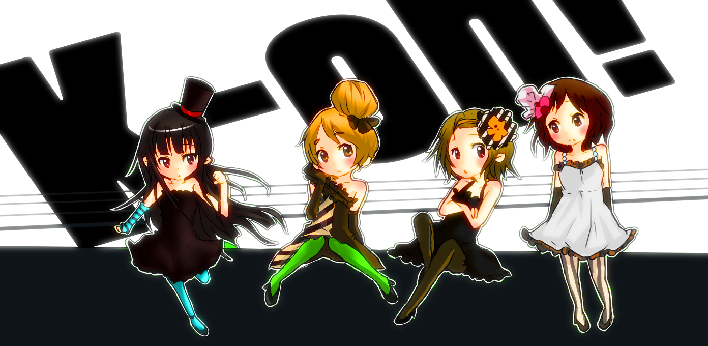 haru (goalstyle), sei (artist), akiyama mio, hirasawa yui, kotobuki tsumugi, tainaka ritsu, don't say "lazy", k-on!, striped legwear, vertical-striped legwear, bad id, bad pixiv id, 00s, 4girls, black hair, blonde hair, blue pantyhose, blunt bangs, brown hair, chibi, green pantyhose, hairband, hat, hime cut, ho-kago tea time, long hair, mini hat, mini top hat, multiple girls, pantyhose, short hair, striped clothes, striped pantyhose, top hat, vertical-striped clothes, vertical-striped pantyhose
