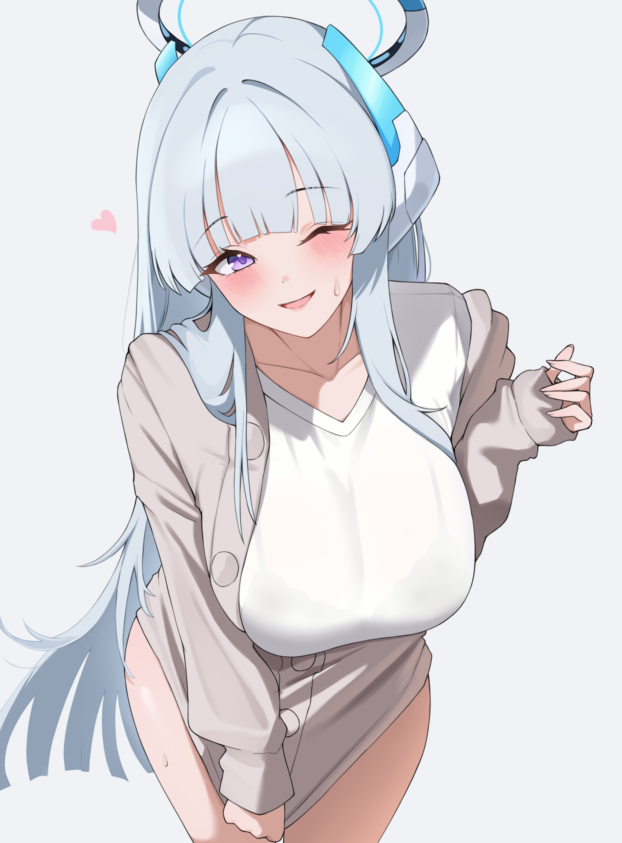 lanhua227, noa (blue archive), blue archive, absurdres, highres, 1girl, alternate costume, blush, bra visible through clothes, breasts, grey jacket, halo, jacket, large breasts, leaning forward, long hair, looking at viewer, no pants, one eye closed, open mouth, purple eyes, shirt, sidelocks, solo, sweatdrop, white halo, white shirt