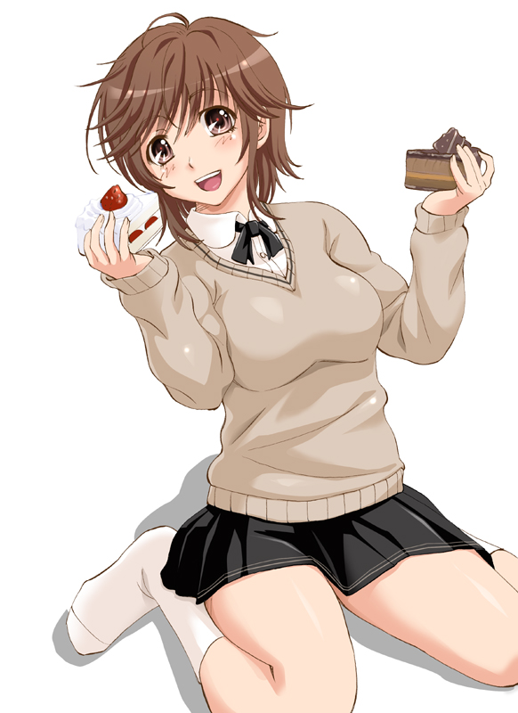 shiruko (inosin), sakurai rihoko, amagami, blush, brown eyes, brown hair, cake, food, laughing, messy hair, miniskirt, pastry, pleated skirt, ribbon, school uniform, short hair, sitting, skirt, smile, socks, solo, sweater