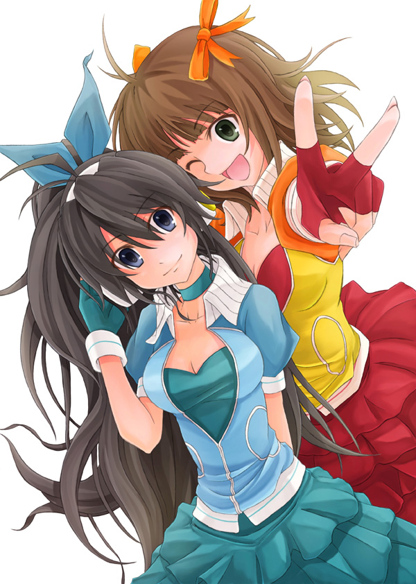 miomio, amami haruka, ganaha hibiki, idolmaster, idolmaster (classic), idolmaster 1, pop sound blossom, 00s, 2girls, fingerless gloves, gloves, multiple girls, ponytail, v, wink