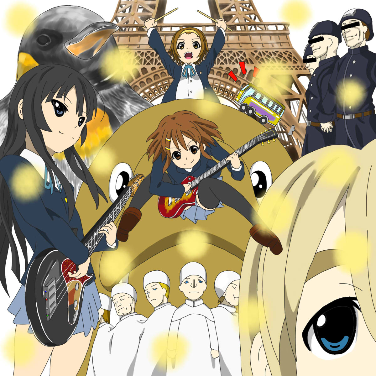 bison (artist), bison cangshu, akiyama mio, hirasawa yui, kotobuki tsumugi, tainaka ritsu, k-on!, the beatles, vehicle, bad id, bad pixiv id, highres, 00s, 4girls, bass guitar, bird, brown hair, bus, censored, censored identity, eiffel tower, electric guitar, fish, gibson les paul, guitar, ho-kago tea time, instrument, long hair, motor vehicle, multiple girls, panties, penguin, police, school uniform, thighhighs, underwear, walrus