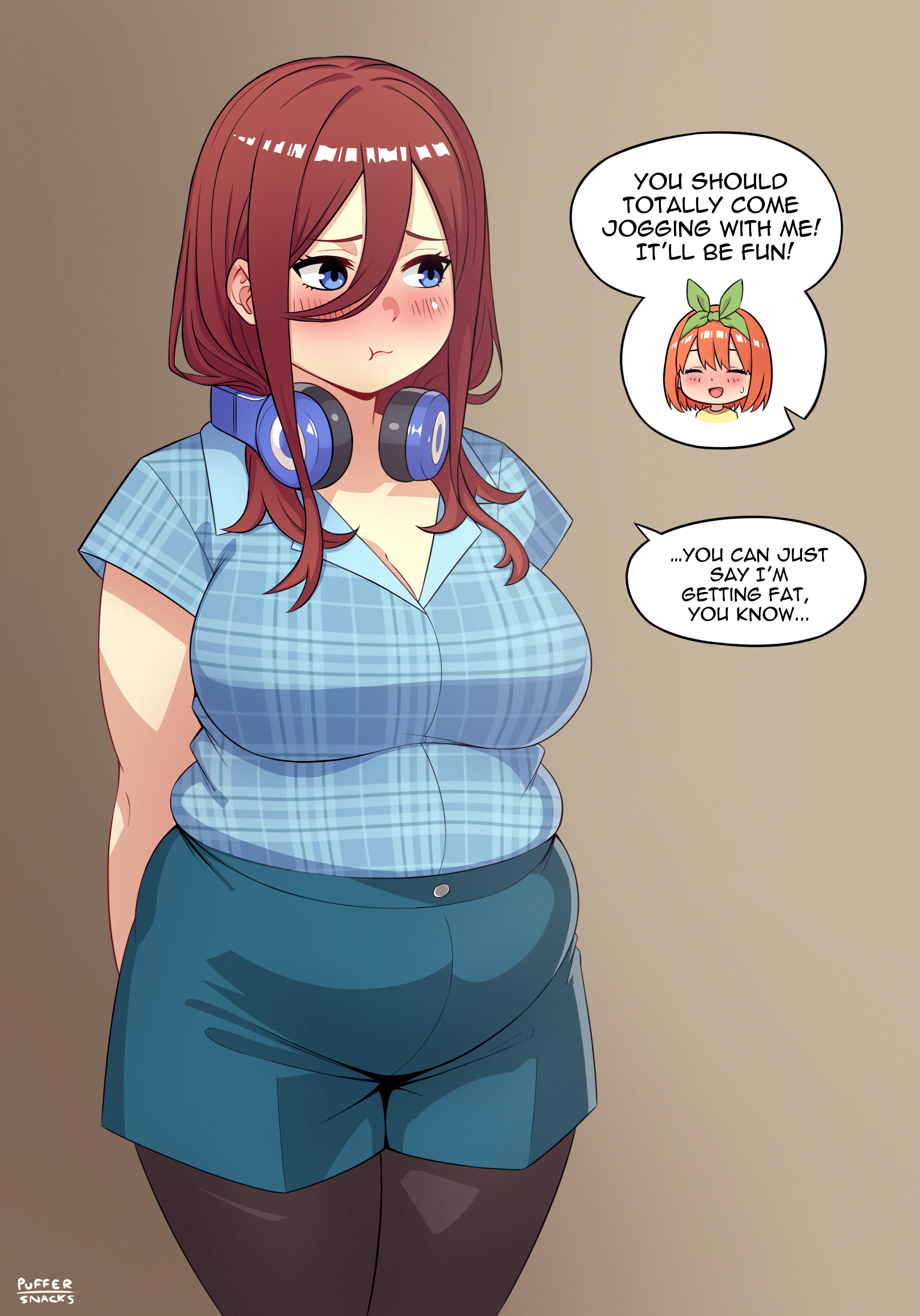 puffersnacks, nakano miku, nakano yotsuba, go-toubun no hanayome, absurdres, commentary, english commentary, highres, …, 2girls, alternate body size, artist name, breasts, brown hair, cleavage, closed eyes, closed mouth, cowboy shot, english text, green ribbon, hair between eyes, hair ribbon, headphones, headphones around neck, large breasts, long hair, medium hair, multiple girls, open mouth, orange hair, plump, ribbon, short sleeves, speech bubble, spoken ellipsis, sweatdrop, talking, thick thighs, thighs, weight conscious