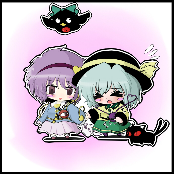 gosan (high&high), kaenbyou rin, kaenbyou rin (cat), komeiji koishi, komeiji satori, reiuji utsuho, reiuji utsuho (bird), touhou, bad id, bad pixiv id, > <, 2girls, bird, bow, chibi, closed eyes, female focus, green hair, hair bow, hairband, hat, heart, heart of string, multiple girls, purple eyes, purple hair, red eyes, short hair