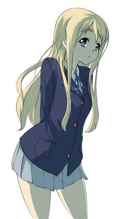 nekomamire, kotobuki tsumugi, k-on!, 00s, 1girl, arms behind back, backlighting, blonde hair, blouse, collared shirt, cowboy shot, female focus, legs apart, long hair, miniskirt, pocket, raised eyebrows, school uniform, shirt, simple background, skirt, solo, standing, thick eyebrows, very long hair, wavy hair, white background, white shirt, wide hips