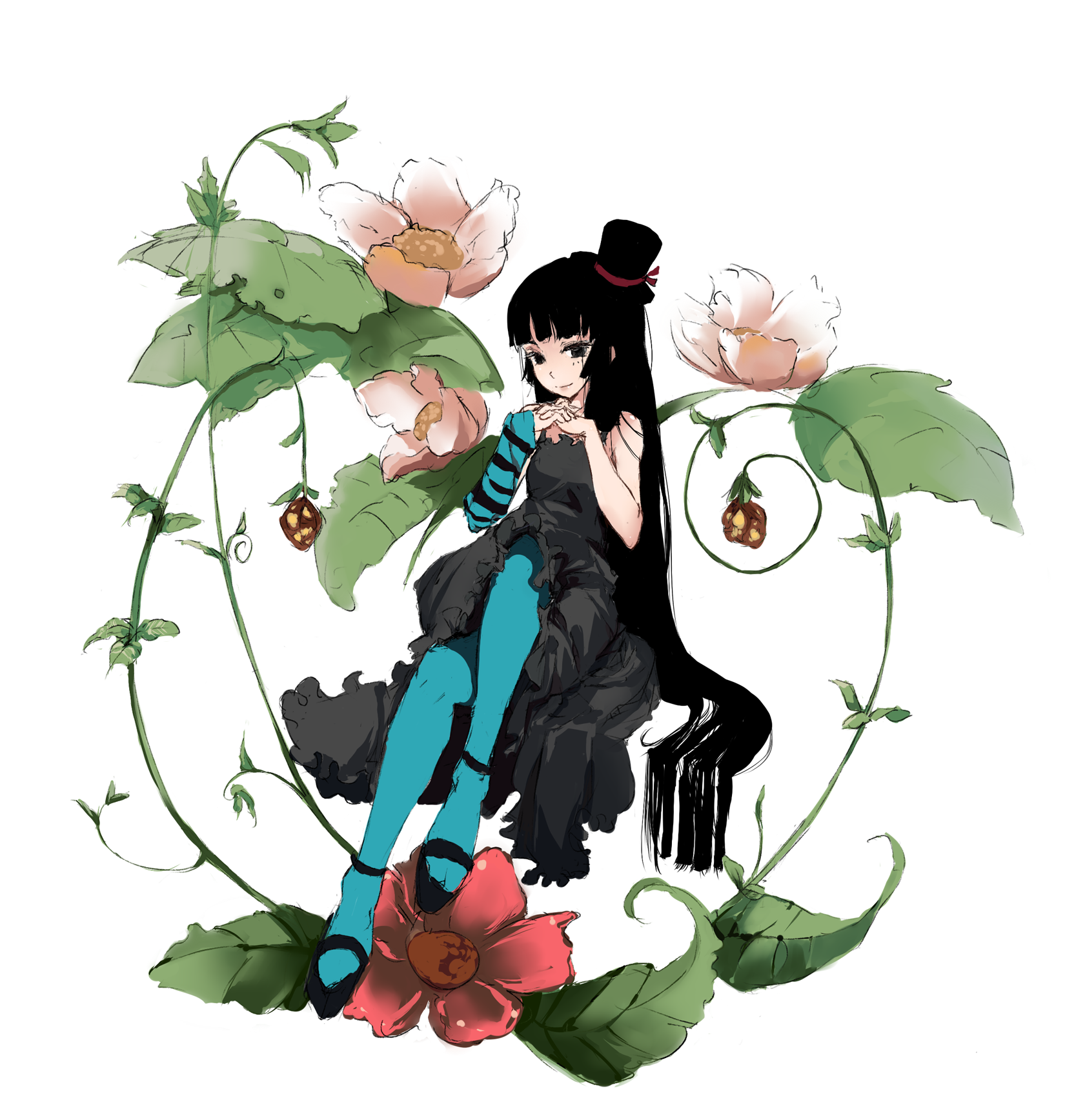 pixiv (230434), relax (artist), akiyama mio, don't say "lazy", k-on!, highres, 00s, 1girl, black eyes, black hair, blue pantyhose, blunt bangs, female focus, flower, hat, hime cut, long hair, mini hat, mini top hat, pantyhose, solo, top hat