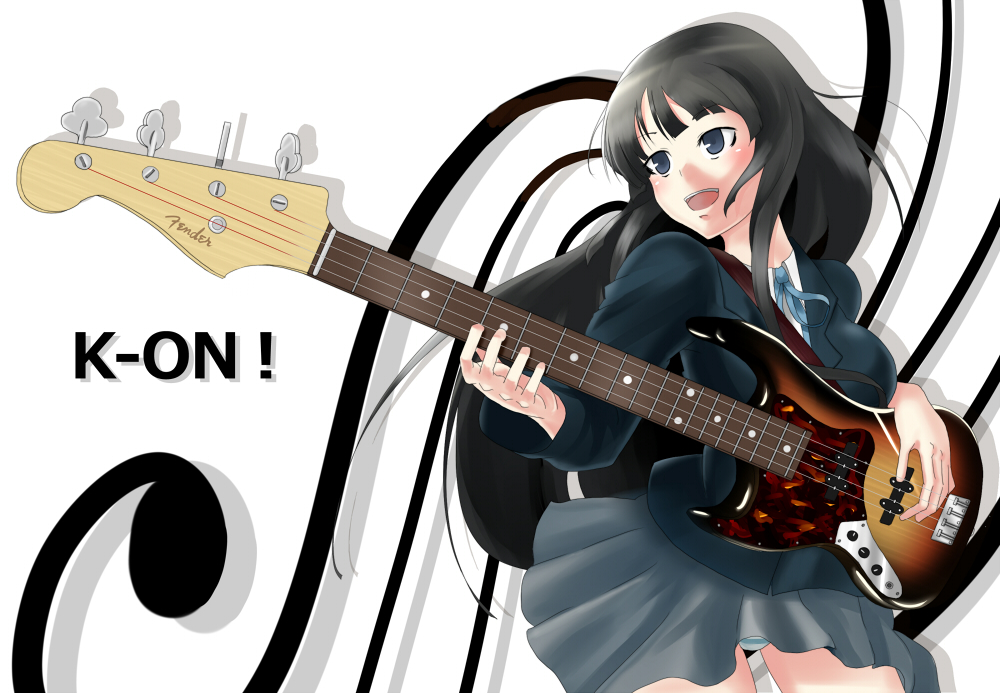 nekoarashi, yana (nekoarashi), akiyama mio, k-on!, bad id, bad pixiv id, 00s, 1girl, artistic error, bass guitar, black hair, blunt bangs, female focus, hime cut, instrument, school uniform, solo