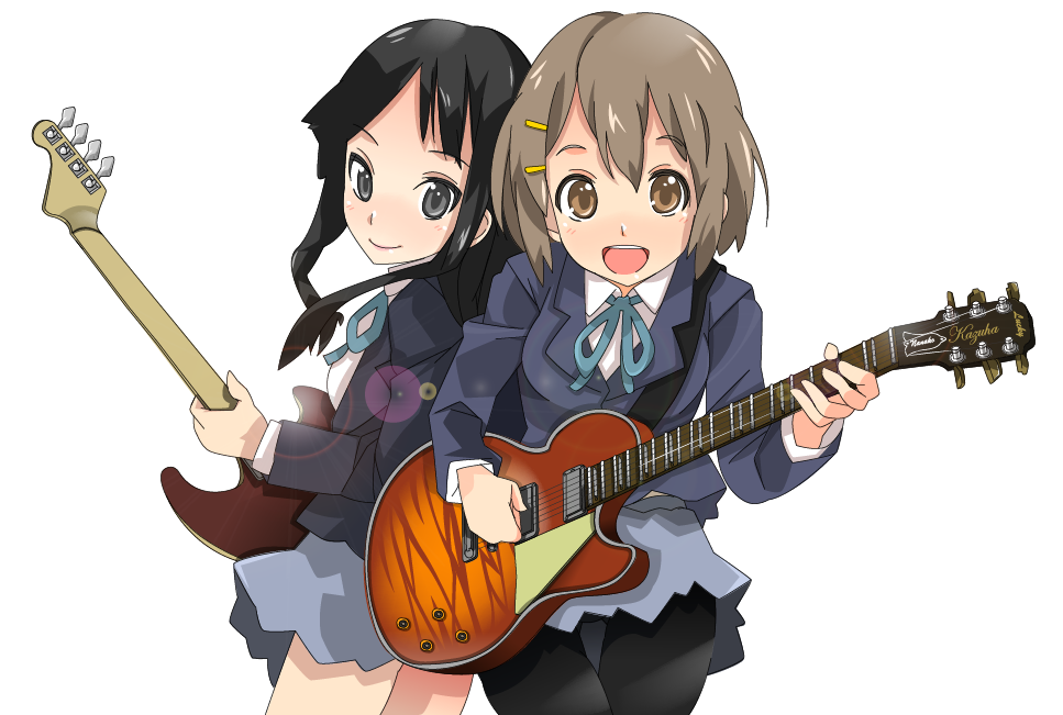 kazuha nanako, nanako (artist), akiyama mio, hirasawa yui, don't say "lazy", k-on!, bad id, bad pixiv id, 00s, 2girls, black hair, brown hair, gibson les paul, long hair, multiple girls, pantyhose, school uniform, short hair, thigh gap, thighs