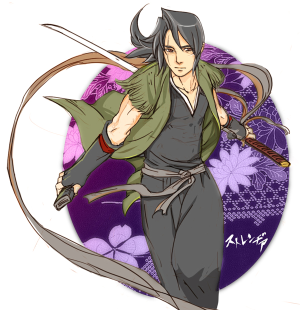 balusah, nanashi (stranger), stranger mukou hadan, 00s, 1boy, black hair, japanese clothes, katana, male focus, ribbon, solo, sword, weapon
