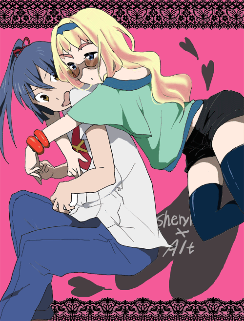 saotome alto, sheryl nome, macross, macross frontier, 00s, 1boy, 1girl, arusheri, blonde hair, blue hair, long hair, school uniform, sunglasses