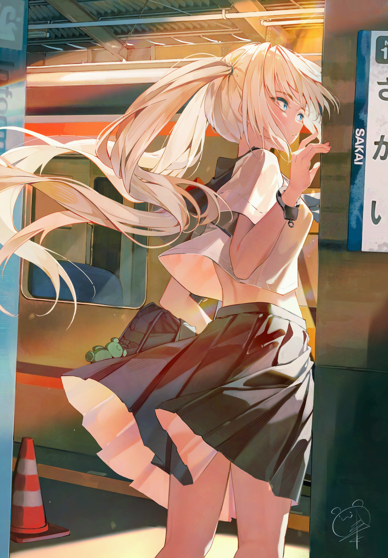 ruda (ruda e), original, highres, 1girl, bag, black skirt, blonde hair, blue eyes, long hair, miniskirt, pleated skirt, school uniform, serafuku, shirt, shoulder bag, single handcuff, skirt, solo, traffic cone, train, train station, twintails, white shirt