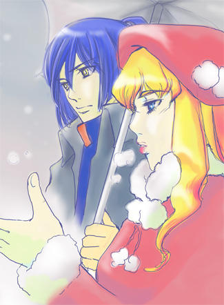 saotome alto, sheryl nome, macross, macross frontier, lowres, 00s, 1boy, 1girl, arusheri, blonde hair, blue eyes, blue hair, lipstick, makeup, outdoors, red lips, red theme, snow, umbrella