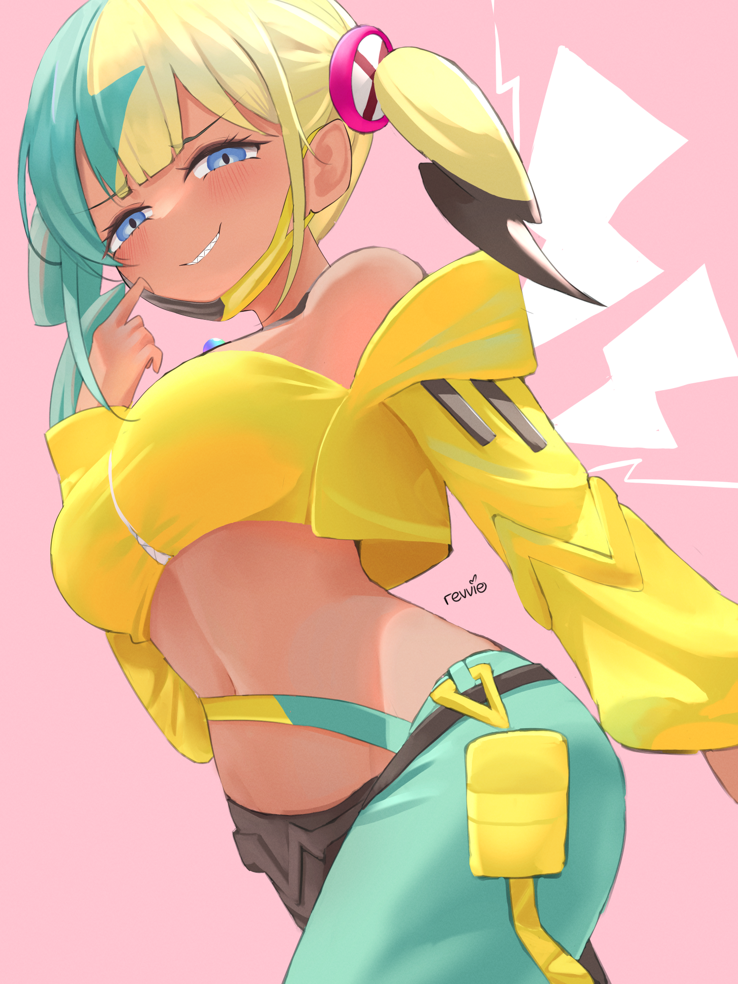 revvie, canari (pokemon), nintendo, pokemon, pokemon legends: z-a, highres, 1girl, blue eyes, breasts, crop top, dark skin, green eyes, green pants, jacket, long hair, looking at viewer, mask, medium breasts, mouth mask, navel, pants, parted lips, pokemon (creature), smile, solo, stomach, teeth, twintails, yellow eyes, yellow jacket